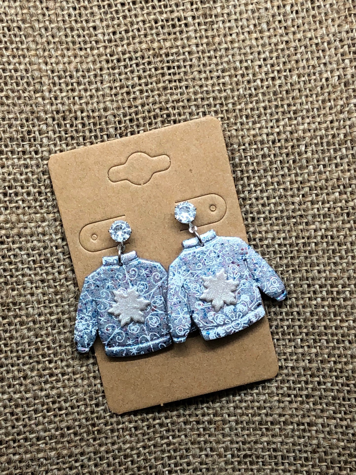 Snowflake and Glitter Ugly Winter Sweater Crystal Dangle Earrings