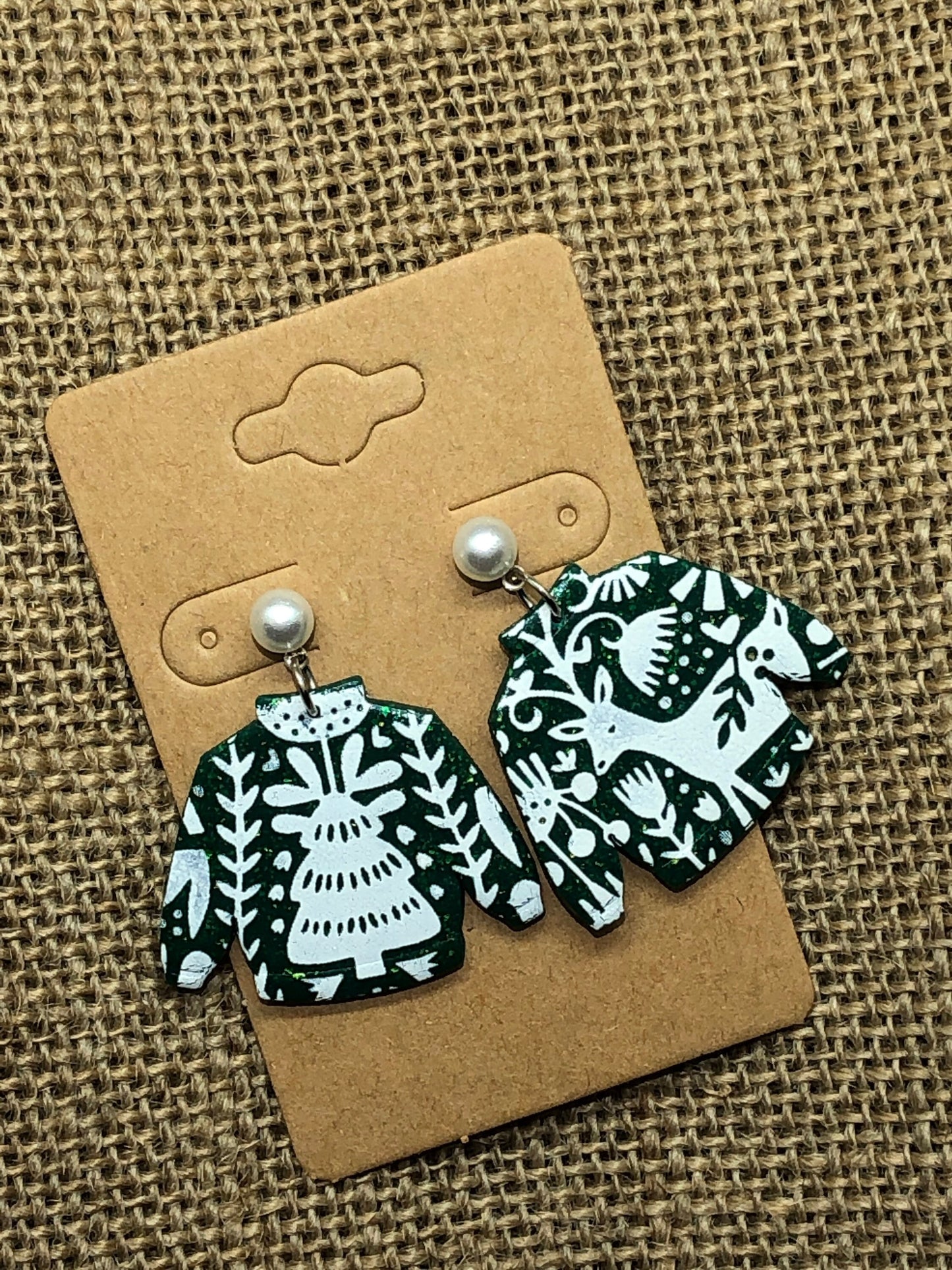 Green With Gold Shimmer Scandinavian Patterned Ugly Fancy Sweater Pearl Dangle Earrings