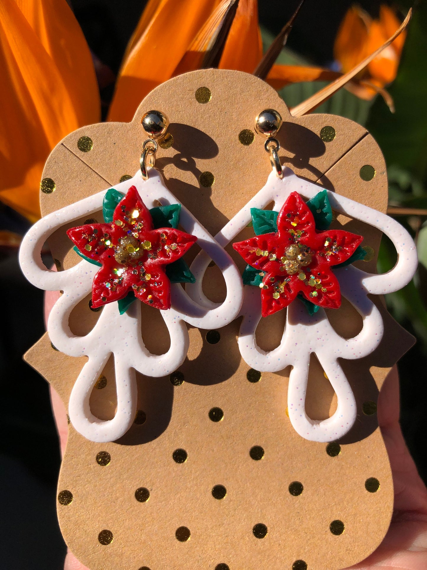 Festive Lacey Christmas Poinsettia Flower Dangle Earrings