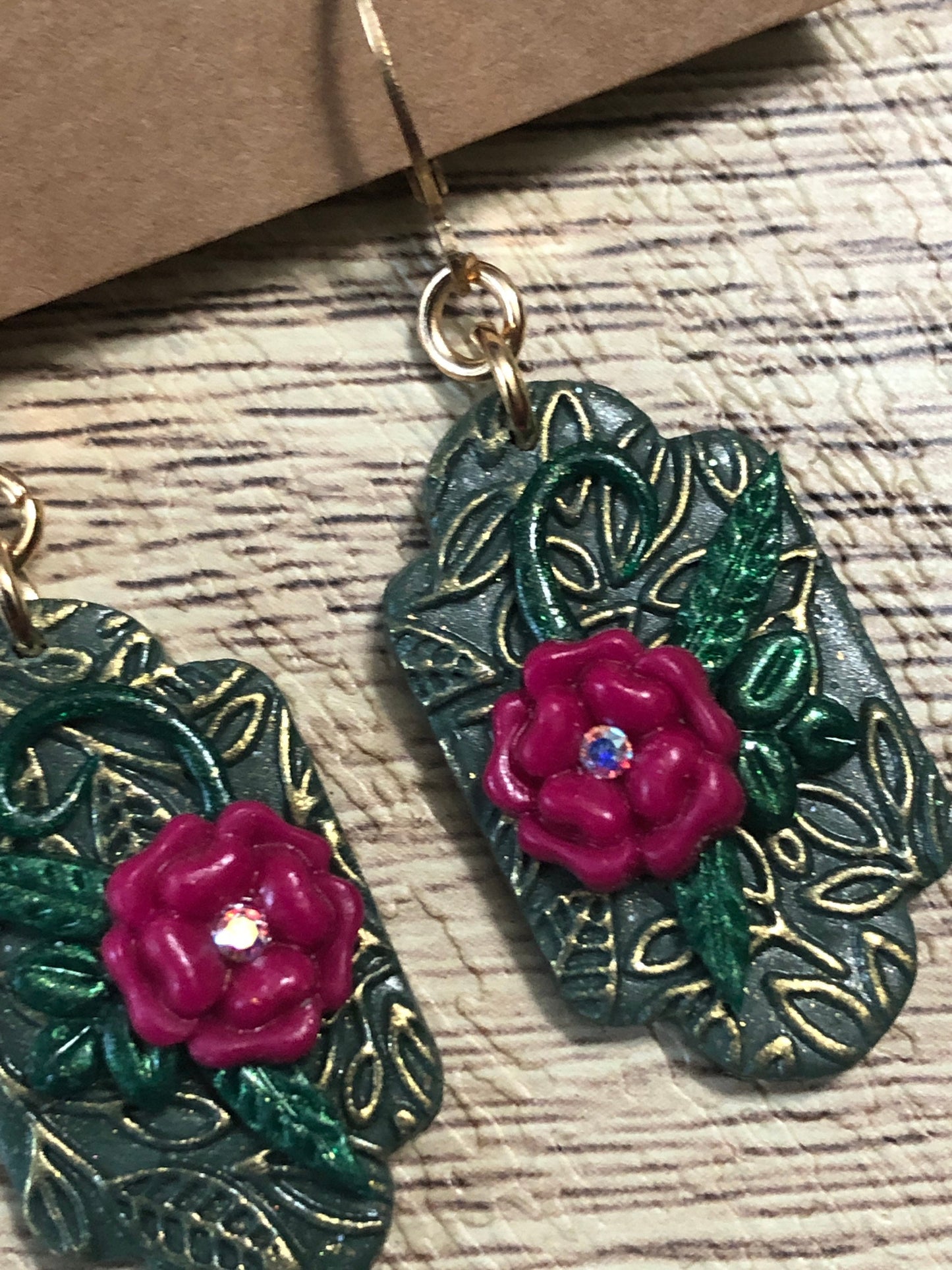 Fuchsia Pink and Crystal Flower Vine Statement Dangle Earrings