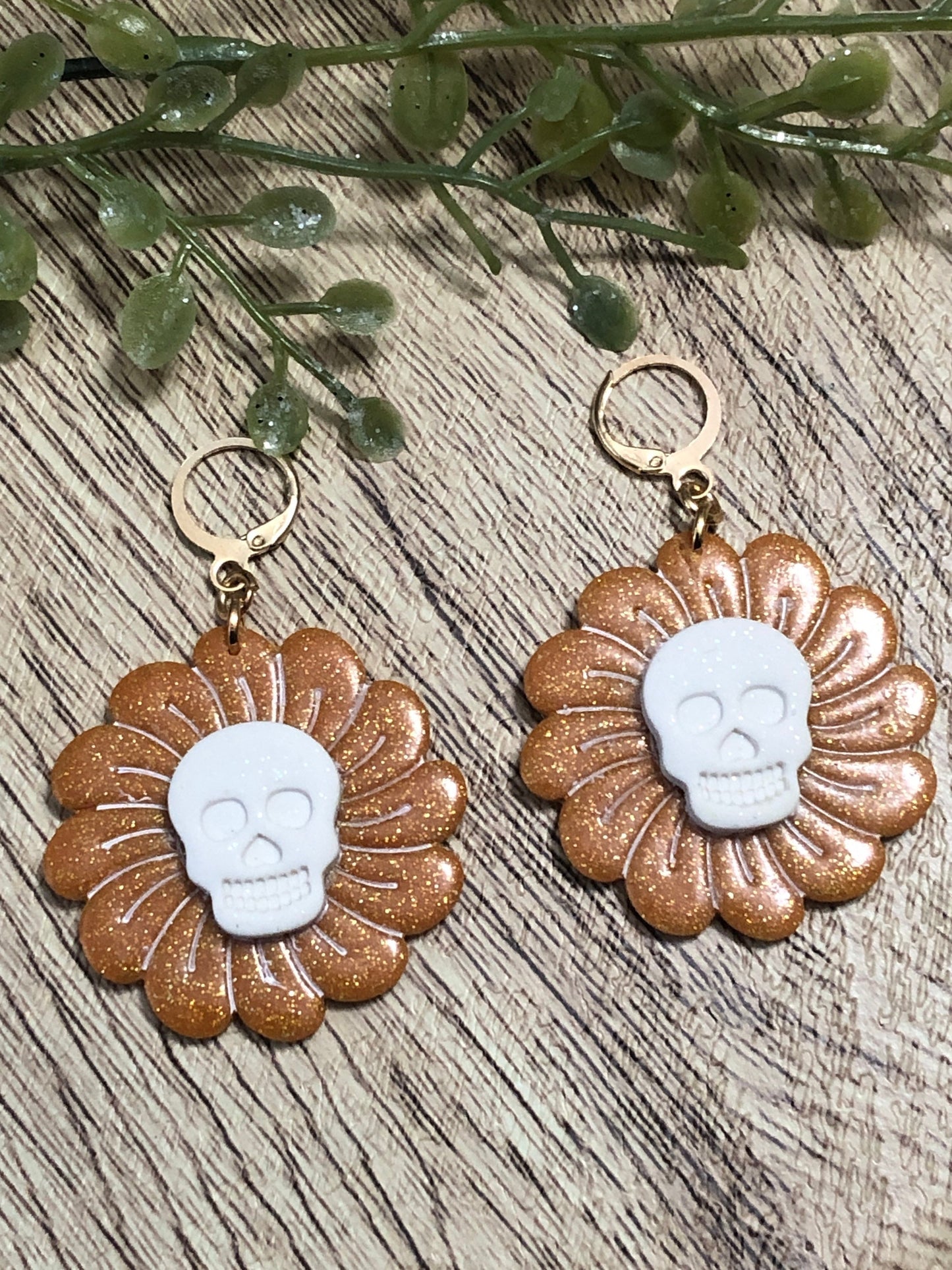 Orange and Gold Glitter Skull Flower Statement Dangle Earrings