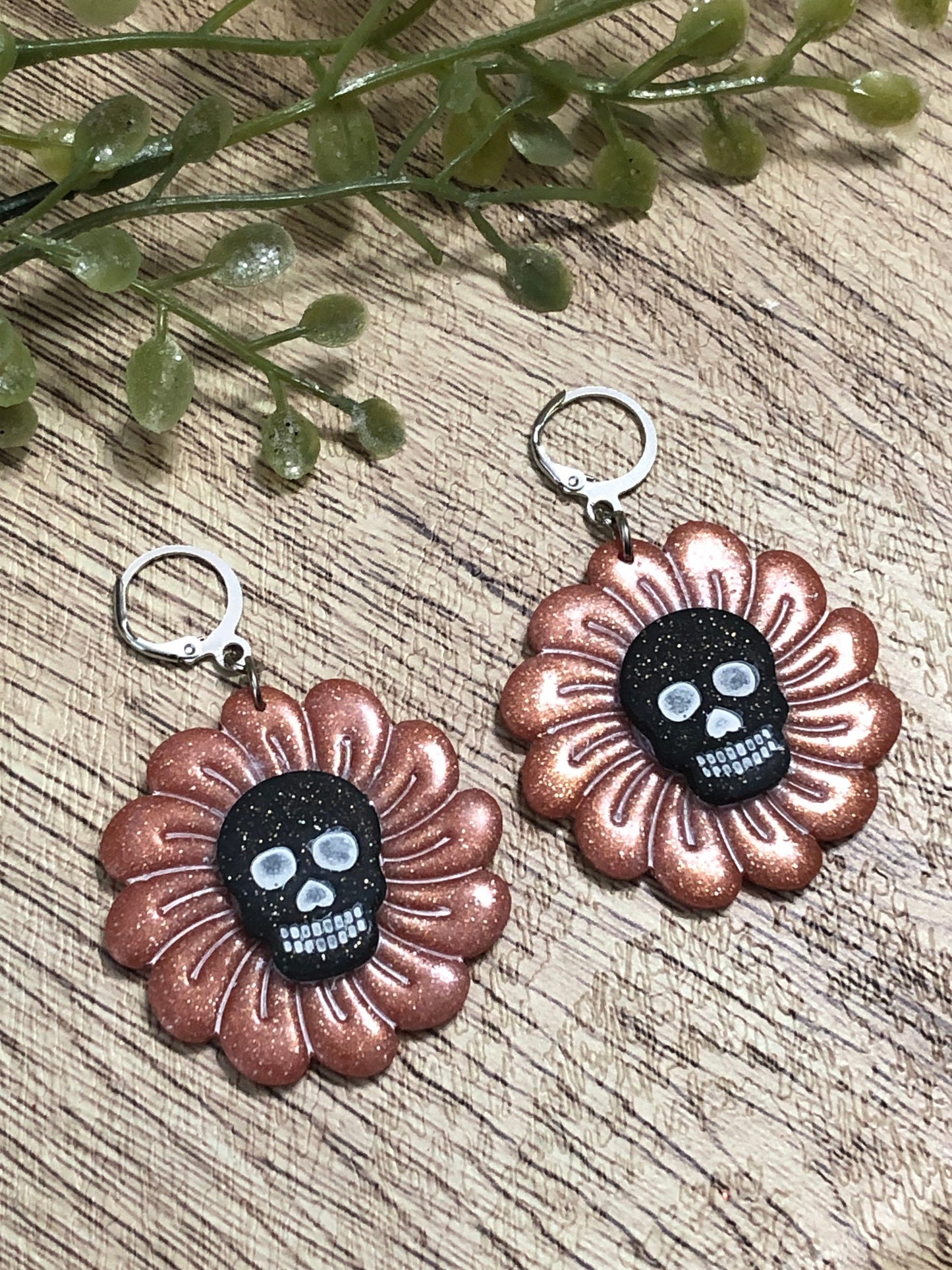 Rosy Gold Copper Flower Skull Statement Dangle Earrings