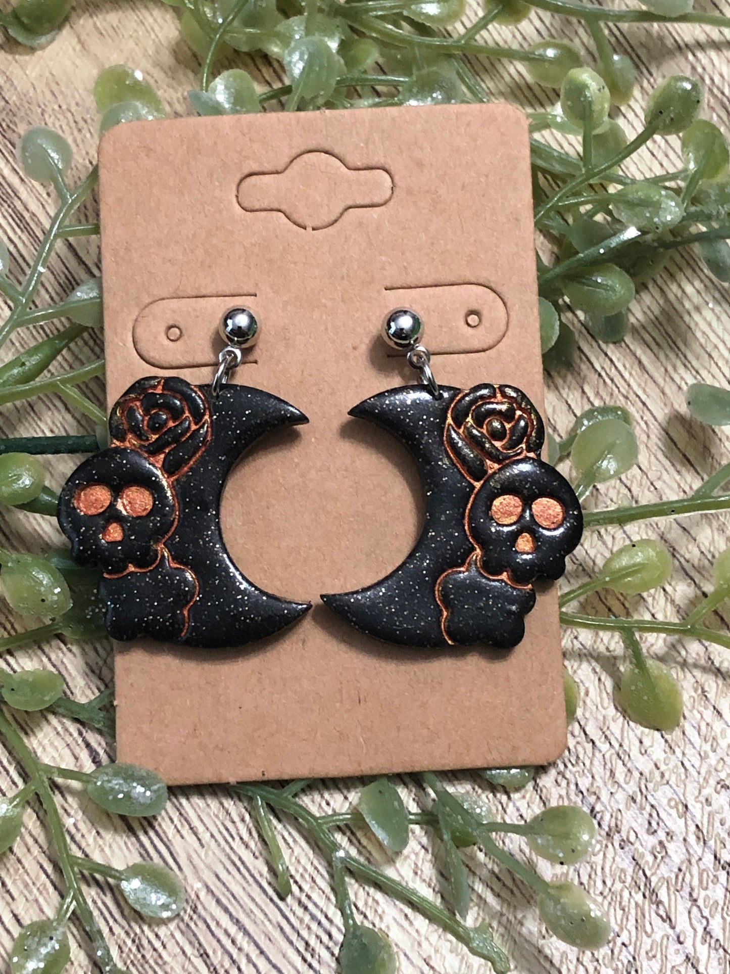 Skull and Floral Boho Moon Statement Dangle Earrings Orange Copper Pearl