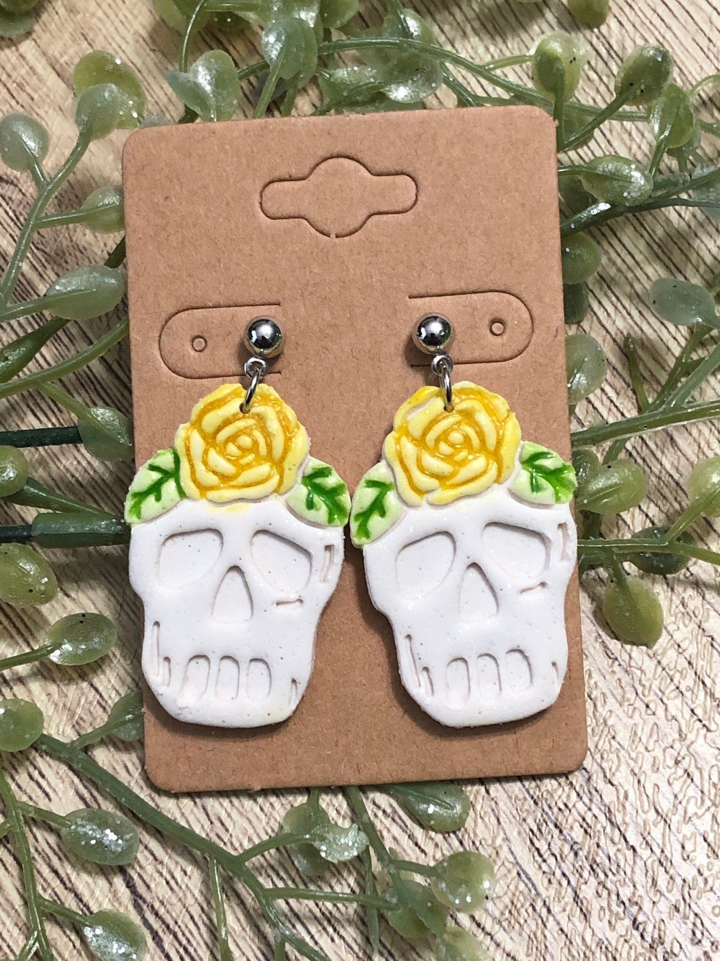 Floral Skull With Yellow Roses Statement Dangle Earrings