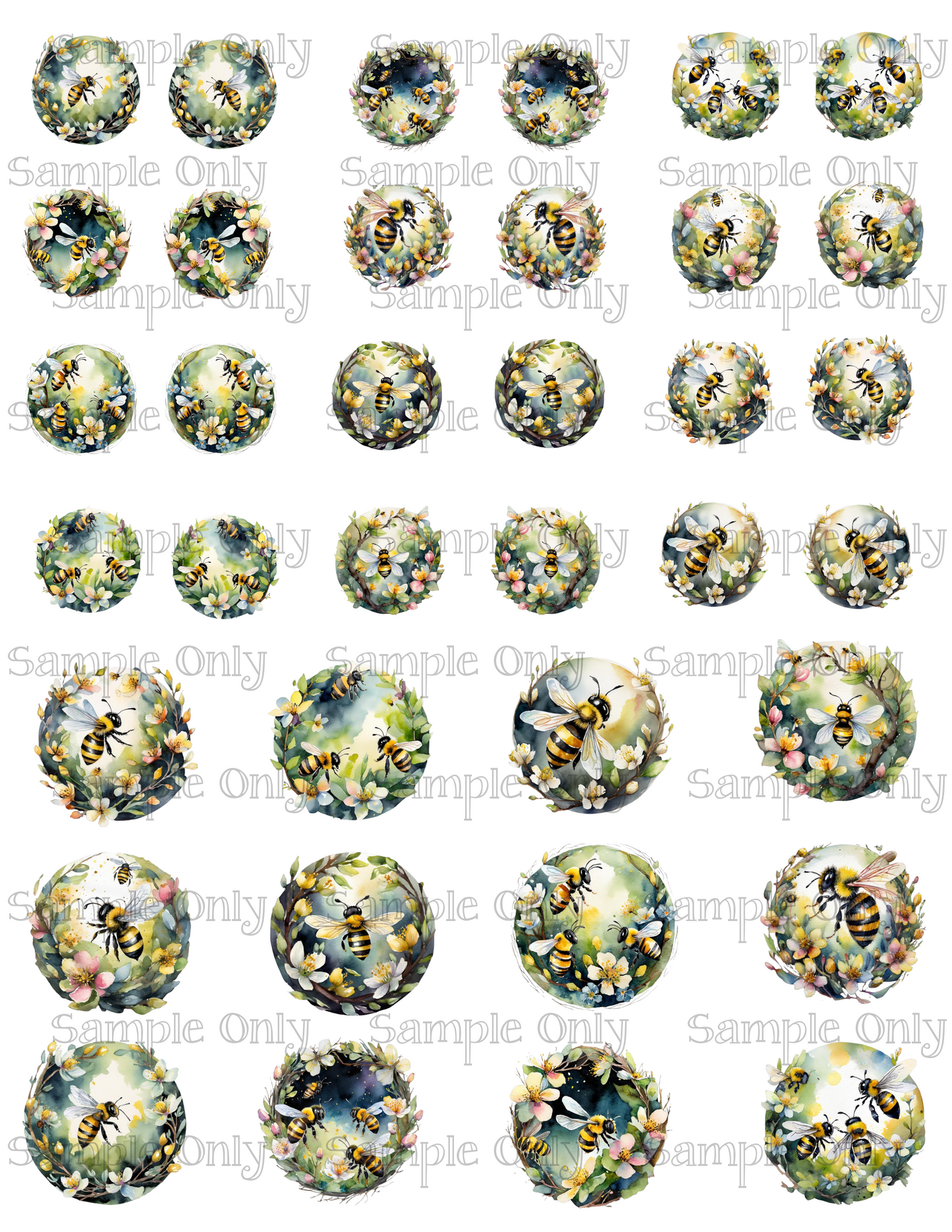 1 - 1.5 Inch Bees and Flowers Image Sheet For Polymer Clay Transfer Decal DIGITAL FILE OR PRINTED