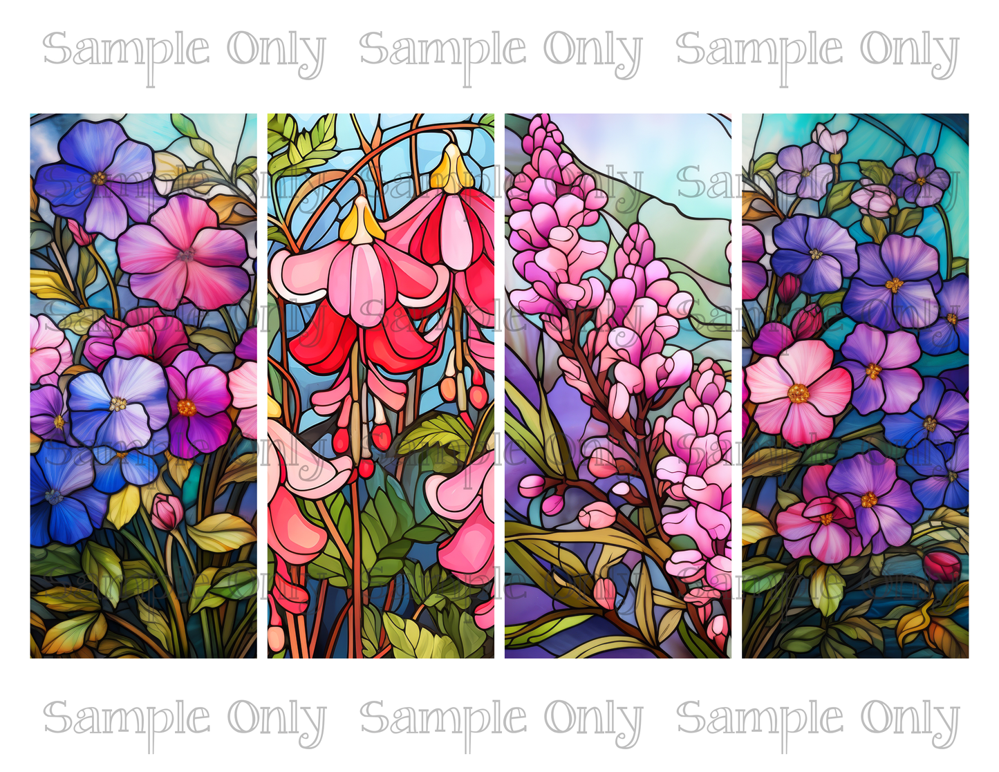 2.5 x 6 Inch Stained Glass Colorful Spring Flowers Set 02 Image Sheet For Polymer Clay Transfer Decal DIGITAL FILE OR PRINTED