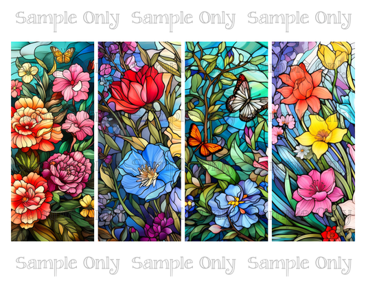 2.5 x 6 Inch Stained Glass Colorful Spring Flowers and Butterflies Set 03 Image Sheet For Polymer Clay Transfer Decal DIGITAL FILE OR PRINTED