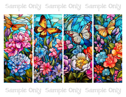 2.5 x 6 Inch Stained Glass Colorful Spring Flowers and Butterflies Set 04 Image Sheet For Polymer Clay Transfer Decal DIGITAL FILE OR PRINTED