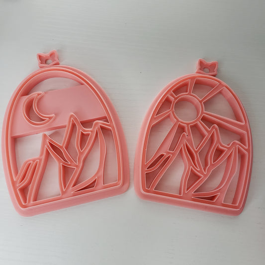 Sun Or Moon Over The Mountains Stained Glass Suncatcher Open Frame Polymer Clay Cutter TPAB 2 Styles YOU CHOOSE