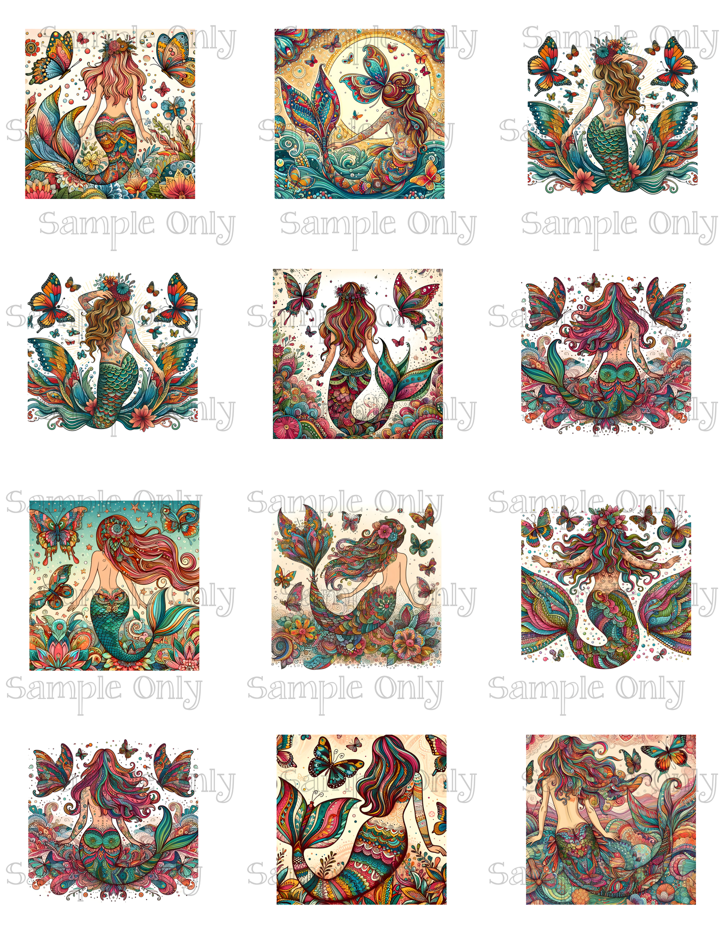 2 Inch Boho Mermaid Image Sheet For Polymer Clay Transfer Decal DIGITAL FILE OR PRINTED