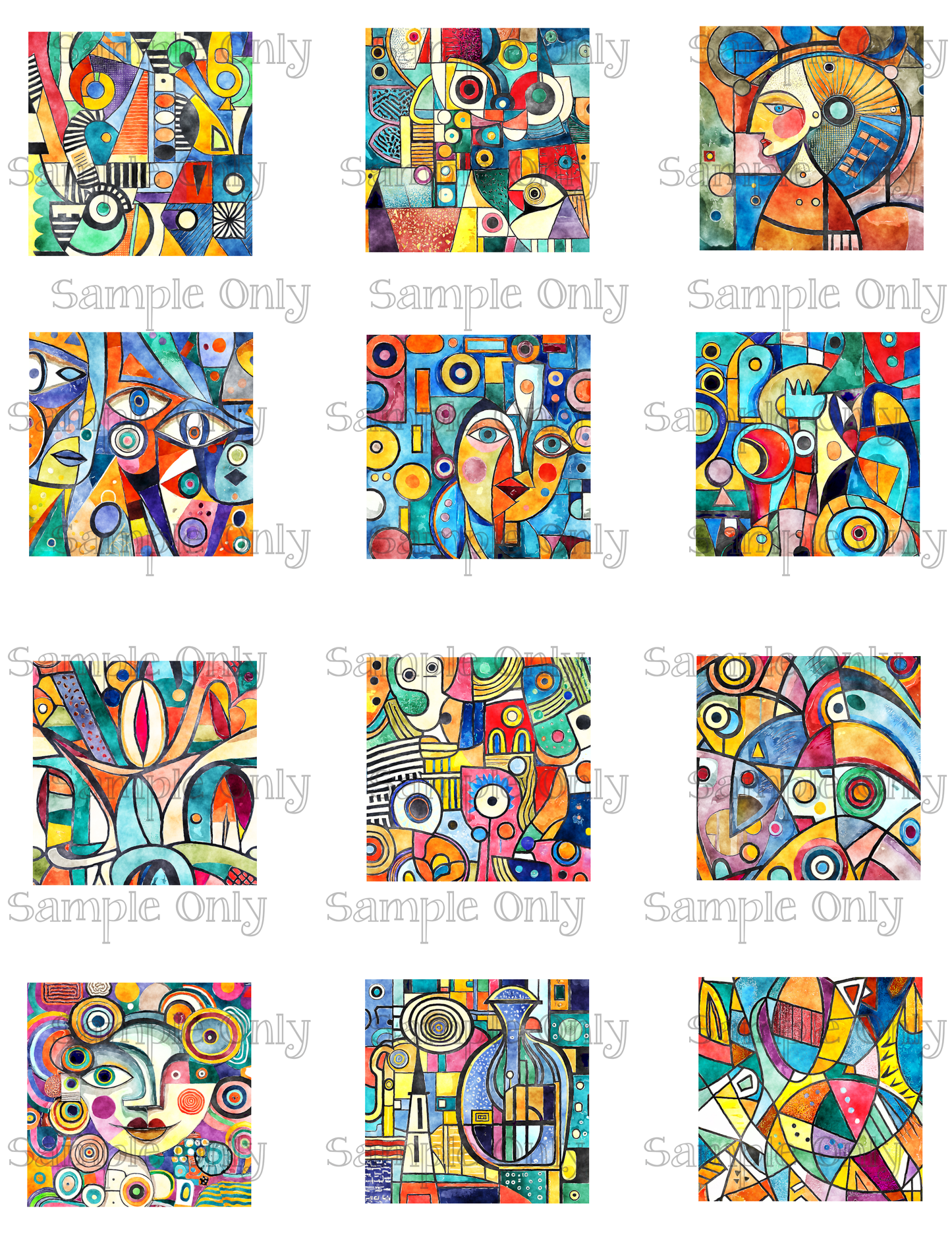 2 Inch Abstract Cubism Style Image Sheet For Polymer Clay Transfer Decal DIGITAL FILE OR PRINTED