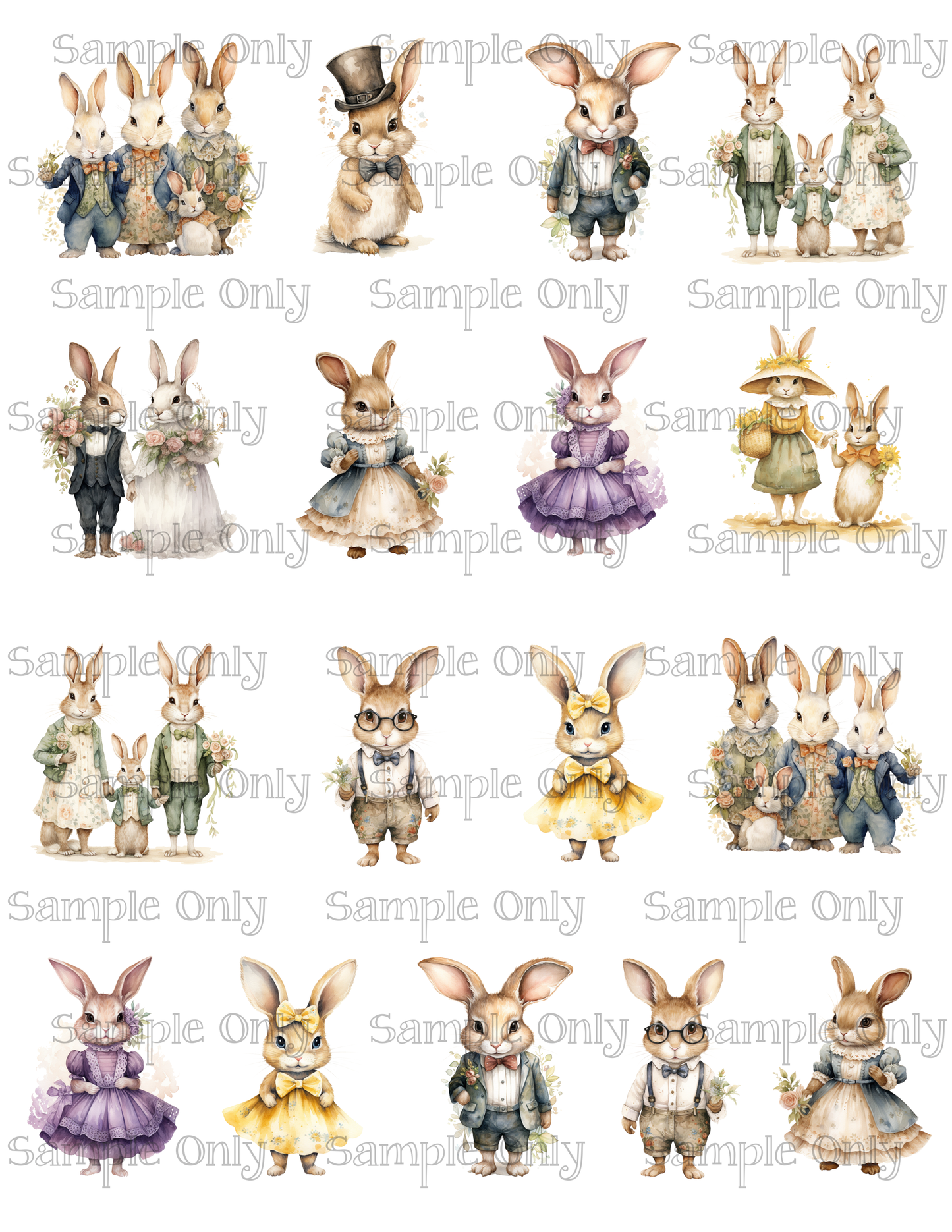 2 Inch Dressed Up Bunny Image Sheet For Polymer Clay Transfer Decal DIGITAL FILE OR PRINTED