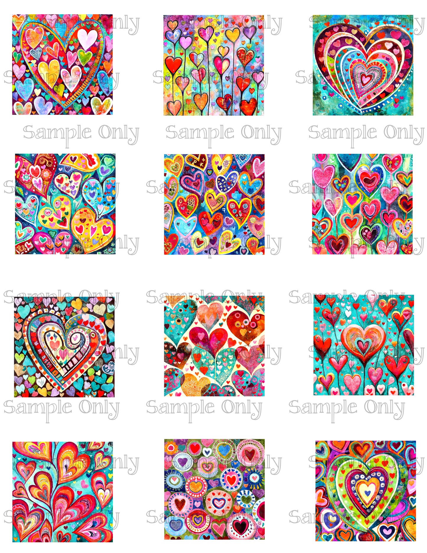 2 Inch Colorful Heart Set 03 Image Sheet For Polymer Clay Transfer Decal DIGITAL FILE OR PRINTED