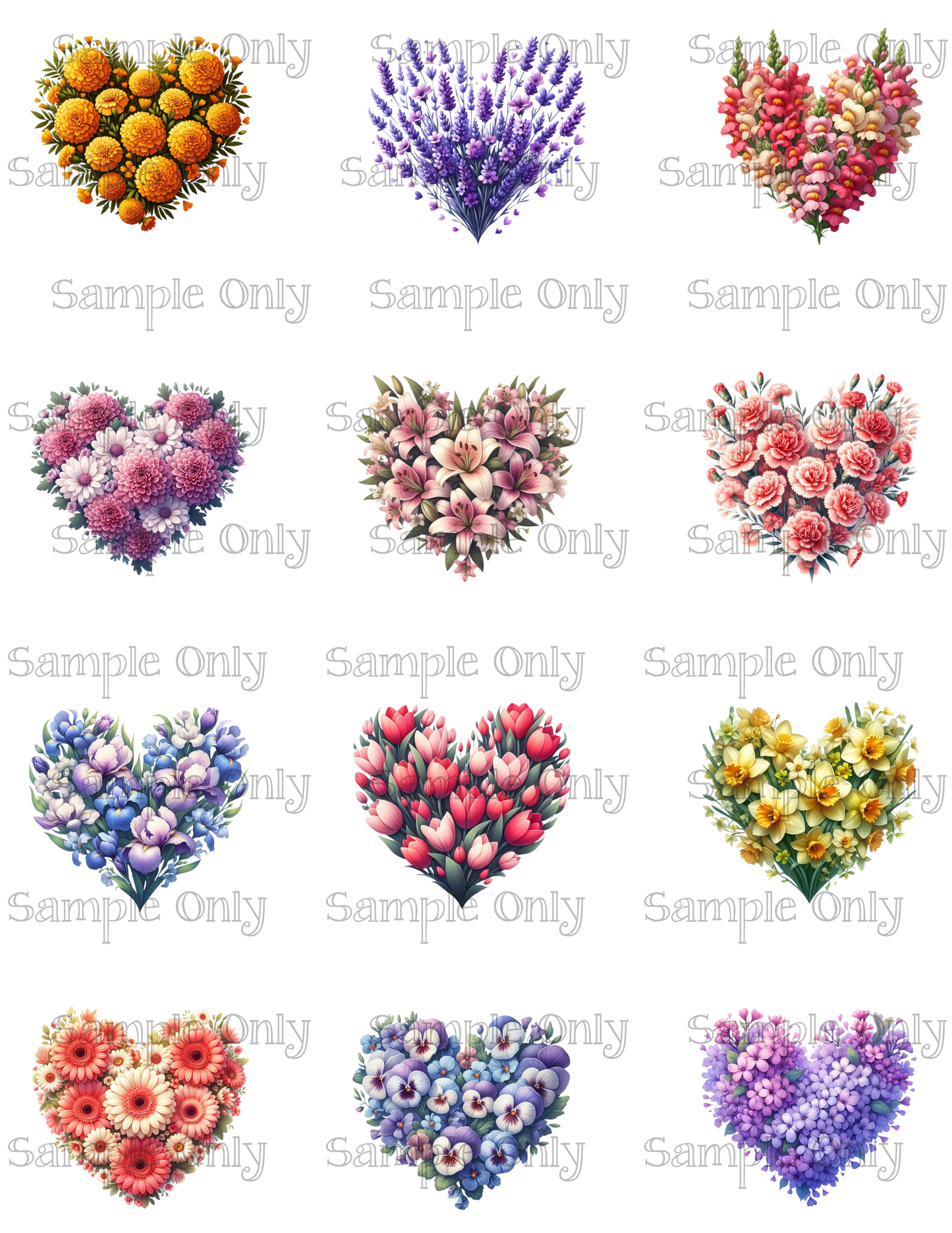 2 Inch Heart Shaped Flowers Image Sheet For Polymer Clay Transfer Decal DIGITAL FILE OR PRINTED