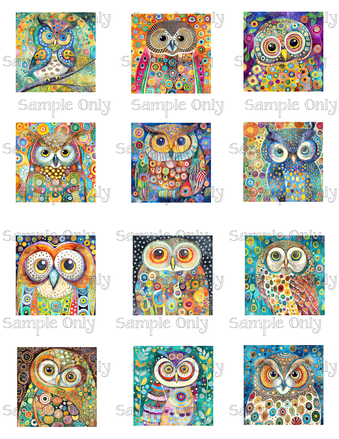 2 Inch Painted Owl Image Sheet For Polymer Clay Transfer Decal DIGITAL FILE OR PRINTED