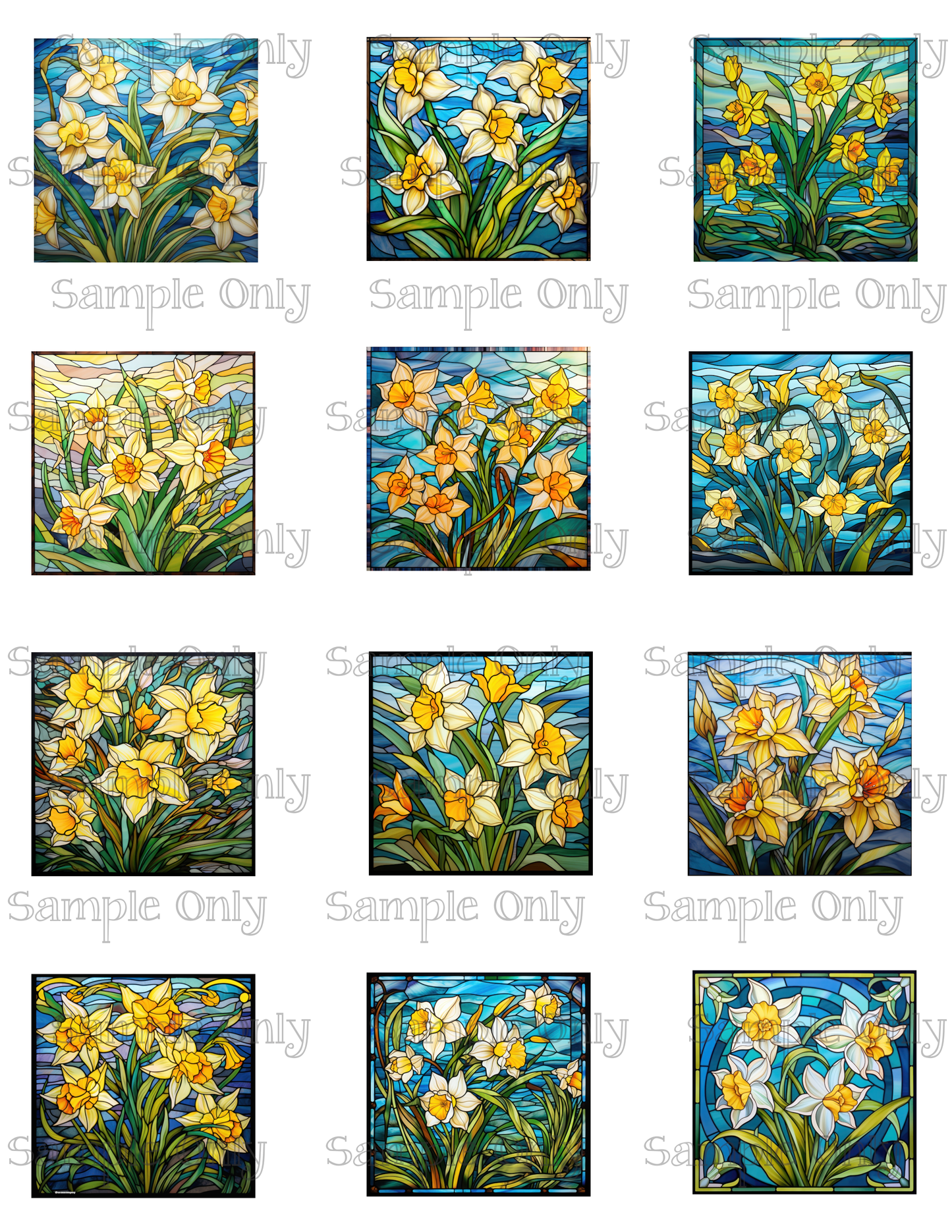 2 Inch Stained Glass Daffodil Flower Image Sheet For Polymer Clay Transfer Decal DIGITAL FILE OR PRINTED