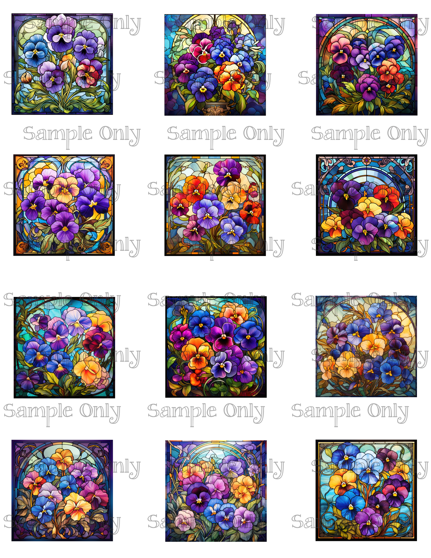 2 Inch Stained Glass Pansy Flower Image Sheet For Polymer Clay Transfer Decal DIGITAL FILE OR PRINTED