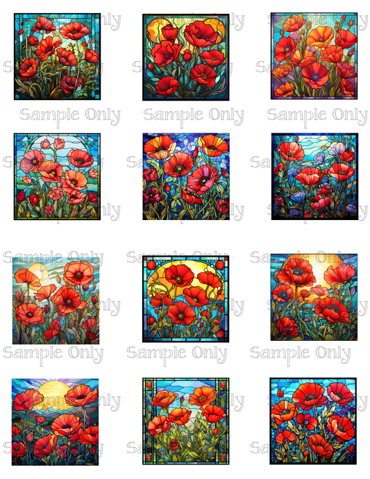 2 Inch Stained Glass Poppy Flower Image Sheet For Polymer Clay Transfer Decal DIGITAL FILE OR PRINTED