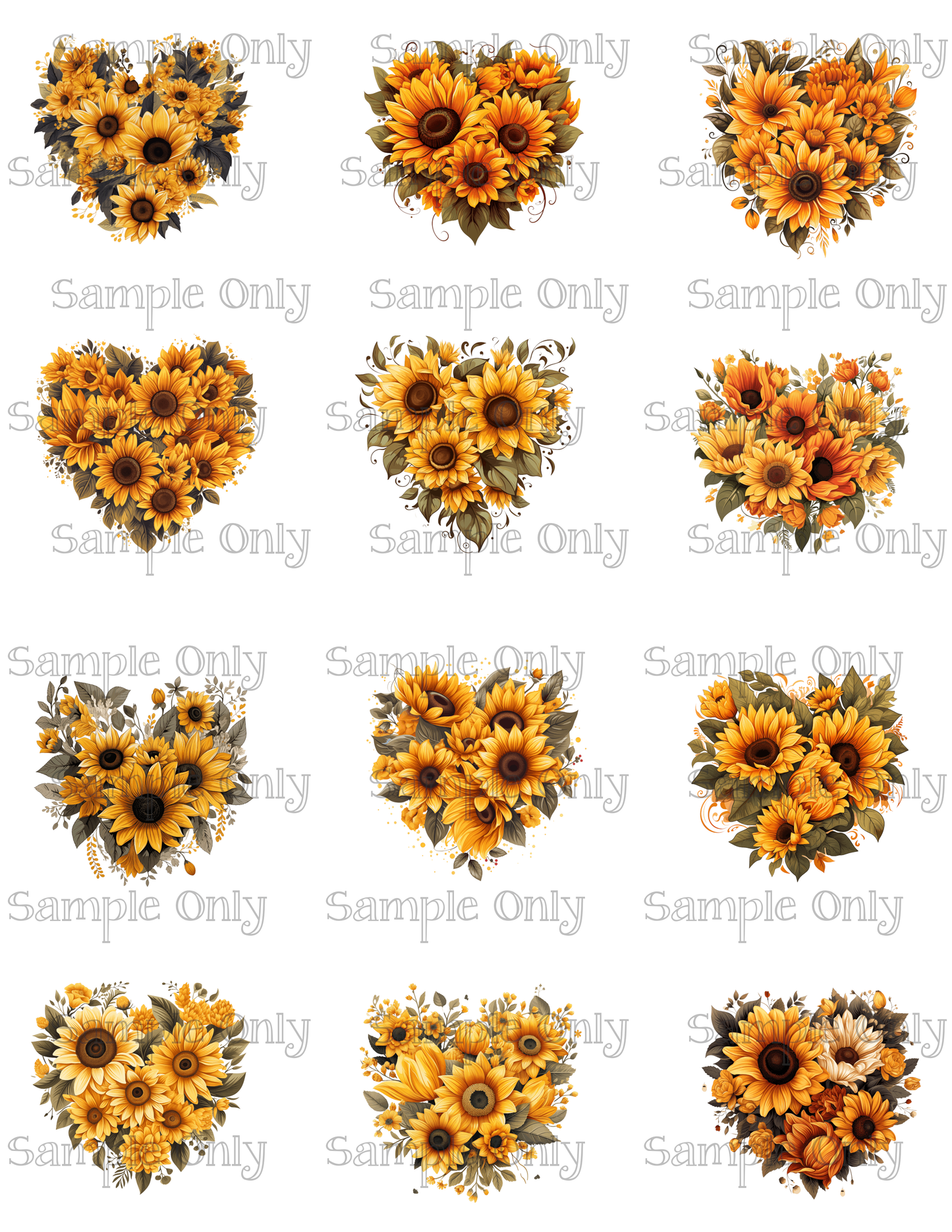 2 Inch Heart Shaped Sunflowers Image Sheet For Polymer Clay Transfer Decal DIGITAL FILE OR PRINTED