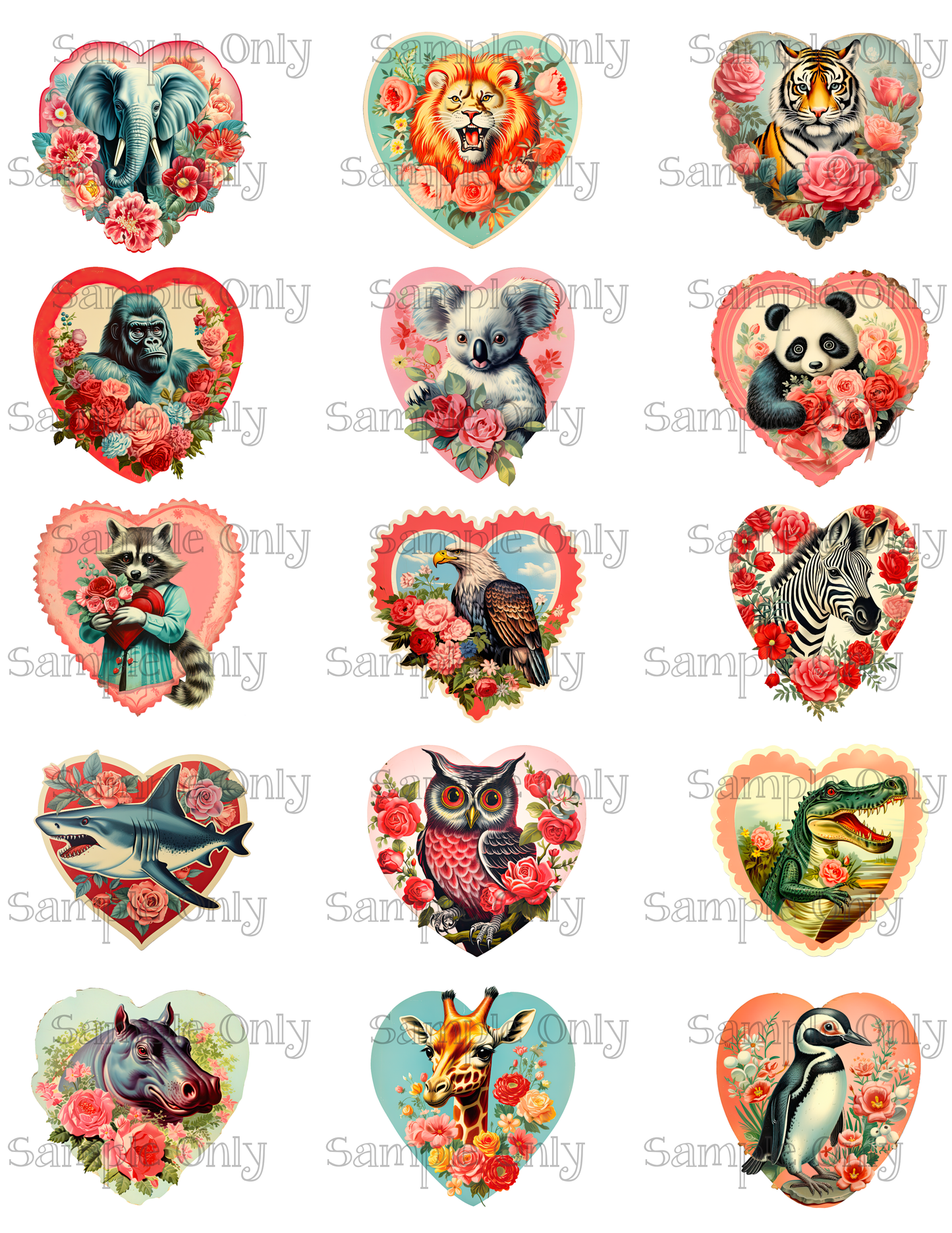 2 Inch Vintage Animal Heart Valentine Image Sheet For Polymer Clay Transfer Decal DIGITAL FILE OR PRINTED