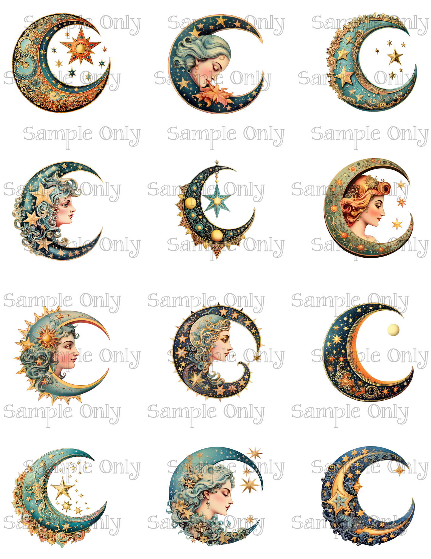 2 Inch Vintage Celestial Moon Goddess Image Sheet For Polymer Clay Transfer Decal DIGITAL FILE OR PRINTED