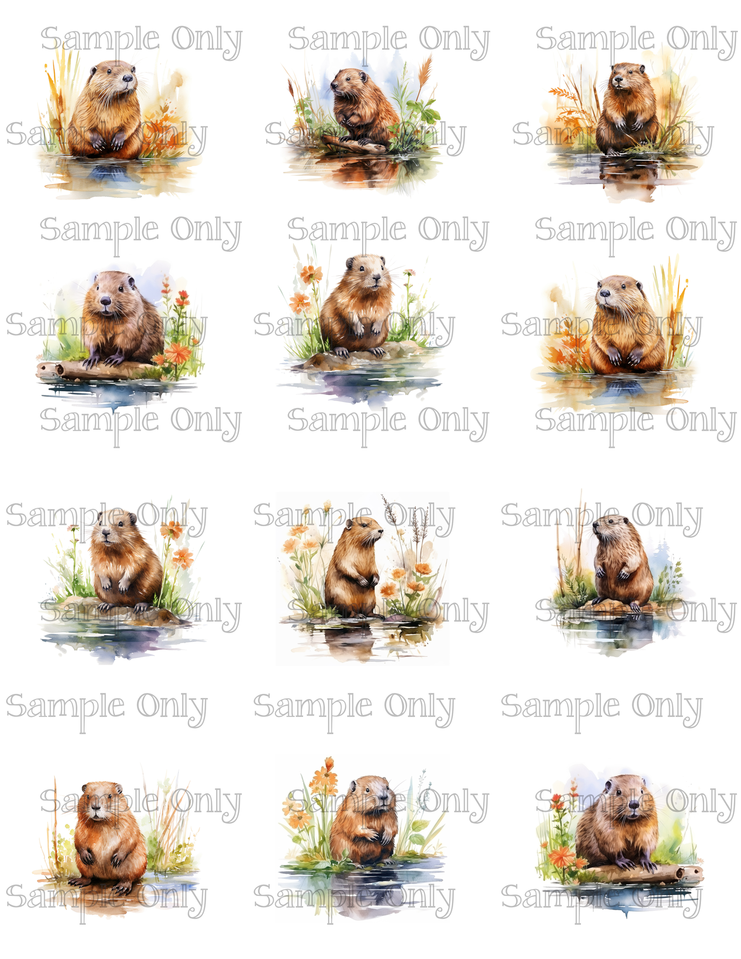 2 Inch Watercolor Beaver Image Sheet For Polymer Clay Transfer Decal DIGITAL FILE OR PRINTED