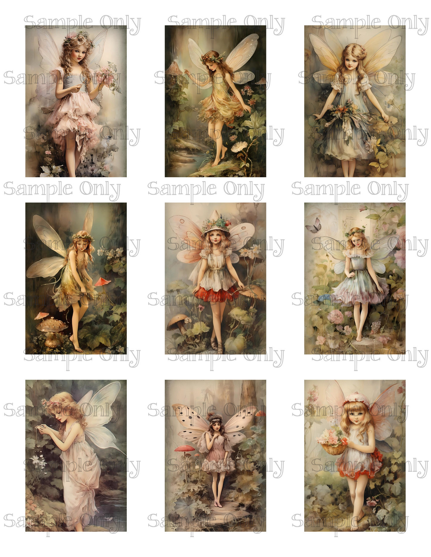 2x3 Inch Vintage Fairy Set-02 Image Sheet For Polymer Clay Transfer Decal DIGITAL FILE OR PRINTED