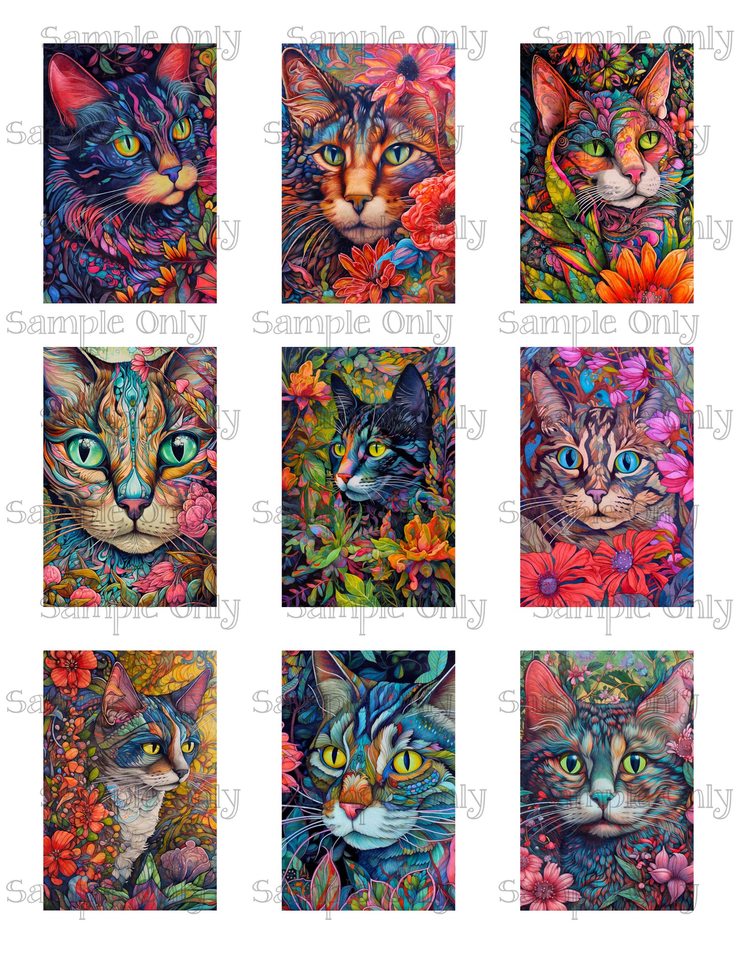 2x3 Inch Abstract Floral Cats Image Sheet For Polymer Clay Transfer Decal DIGITAL FILE OR PRINTED