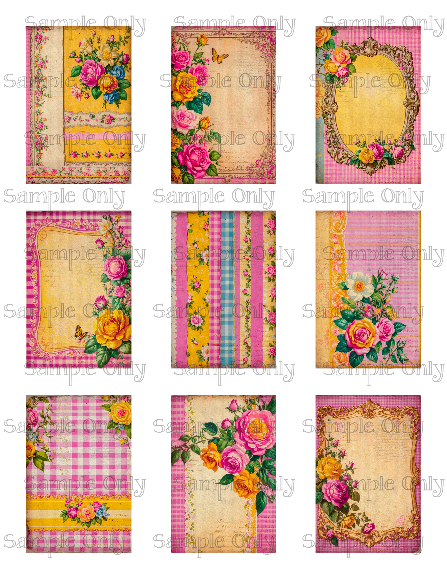 2x3 Inch Shabby Floral Pink and Yellow Flowers Image Sheet For Polymer Clay Transfer Decal DIGITAL FILE OR PRINTED