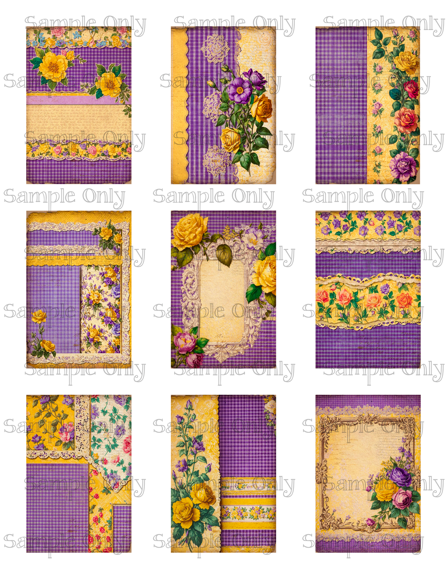 2x3 Inch Shabby Floral Yellow and Purple Flowers Image Sheet For Polymer Clay Transfer Decal DIGITAL FILE OR PRINTED