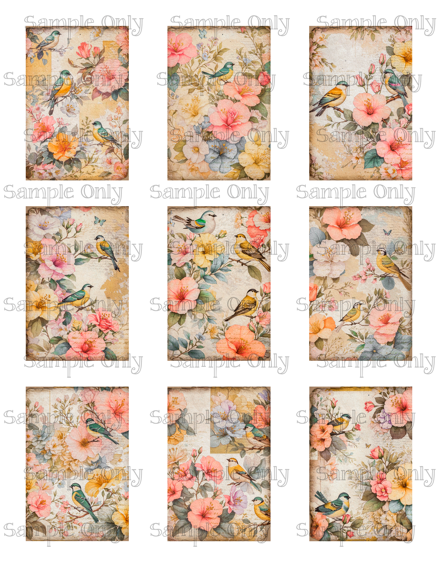 2x3 Inch Spring Floral Birds Water Soluble Image Transfer Sheet For Polymer Clay Transfer Decal PRINTED
