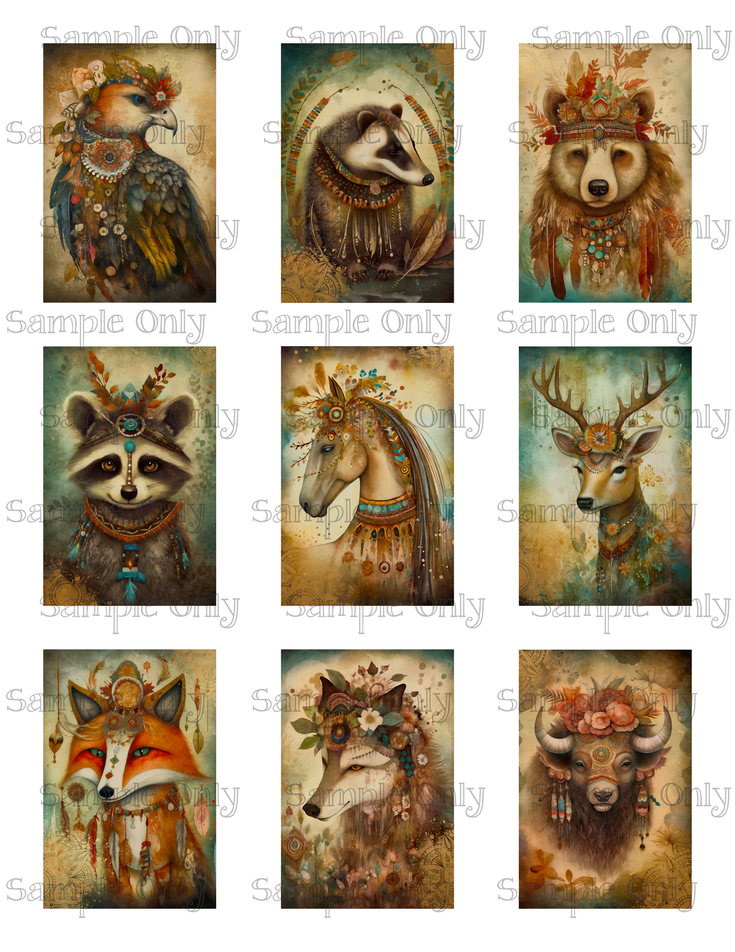 2x3 Inch Bohemian Animals Image Sheet For Polymer Clay Transfer Decal DIGITAL FILE OR PRINTED