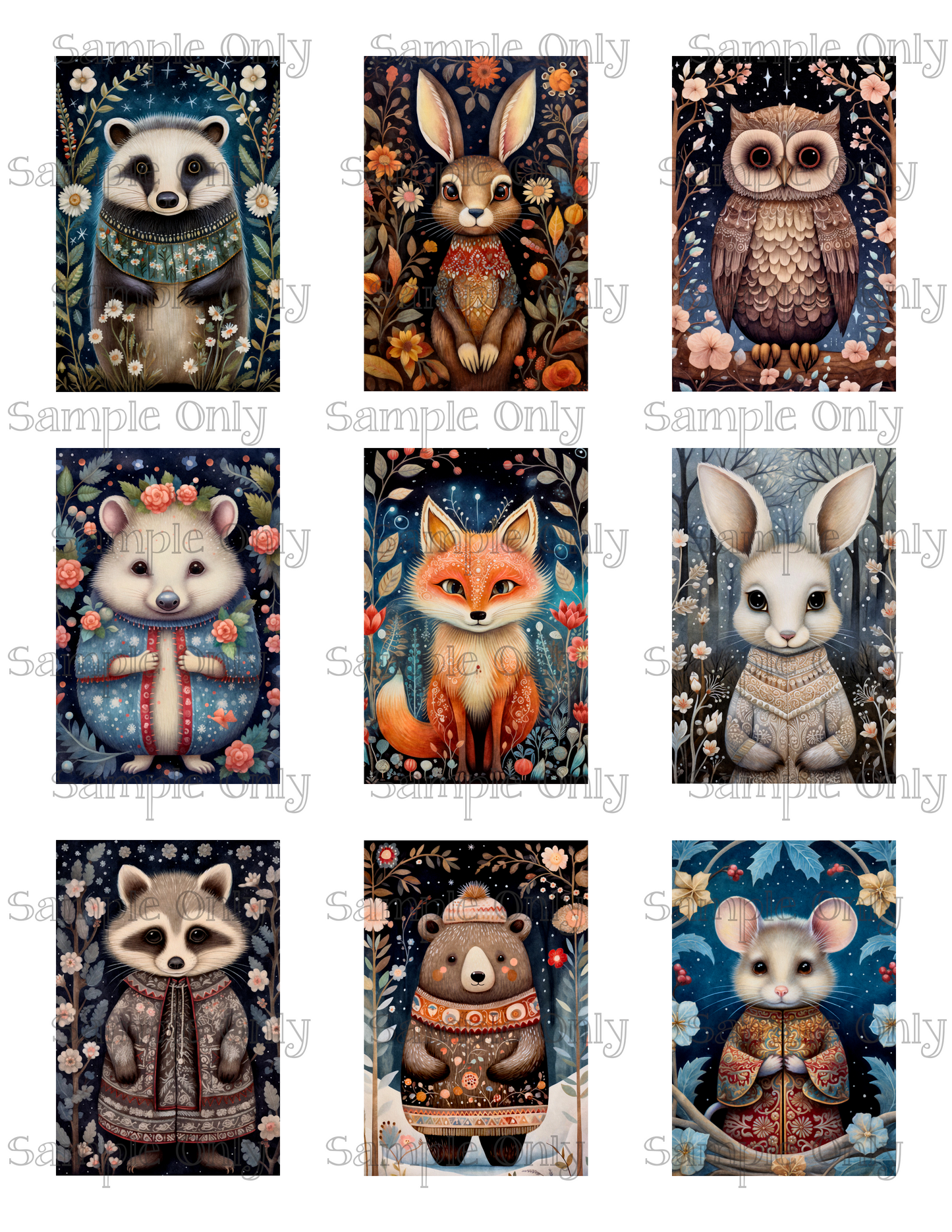 2x3 Inch Boho Christmas Animals Image Sheet For Polymer Clay Transfer Decal DIGITAL FILE OR PRINTED