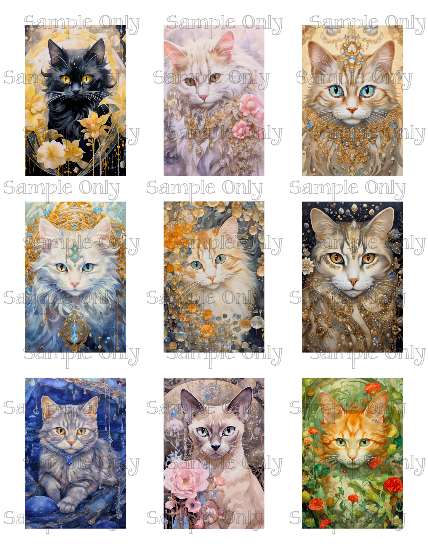 2x3 Inch Cats and Crystals Animals Image Sheet For Polymer Clay Transfer Decal DIGITAL FILE OR PRINTED