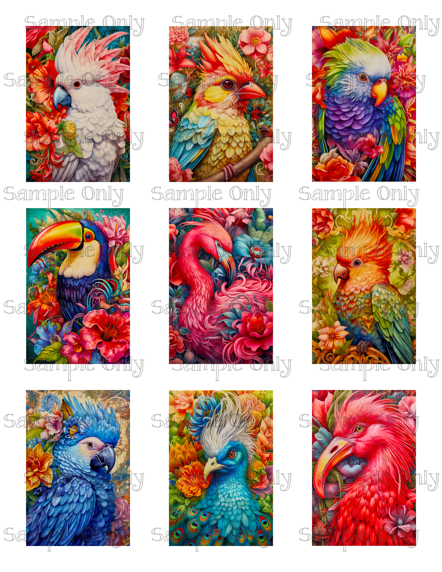 2x3 Inch Tropical Birds Image Sheet For Polymer Clay Transfer Decal DIGITAL FILE OR PRINTED