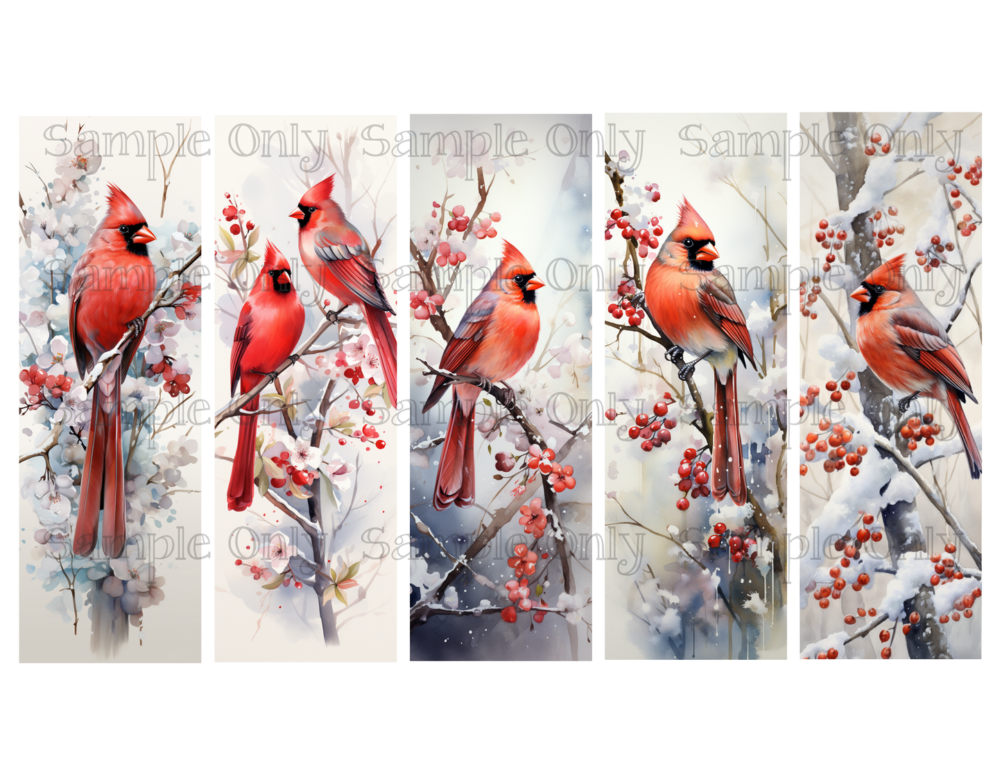 Winter Cardinal Birds Bookmark Set 01 Printed Water Soluble Image Transfer Sheet For Polymer Clay