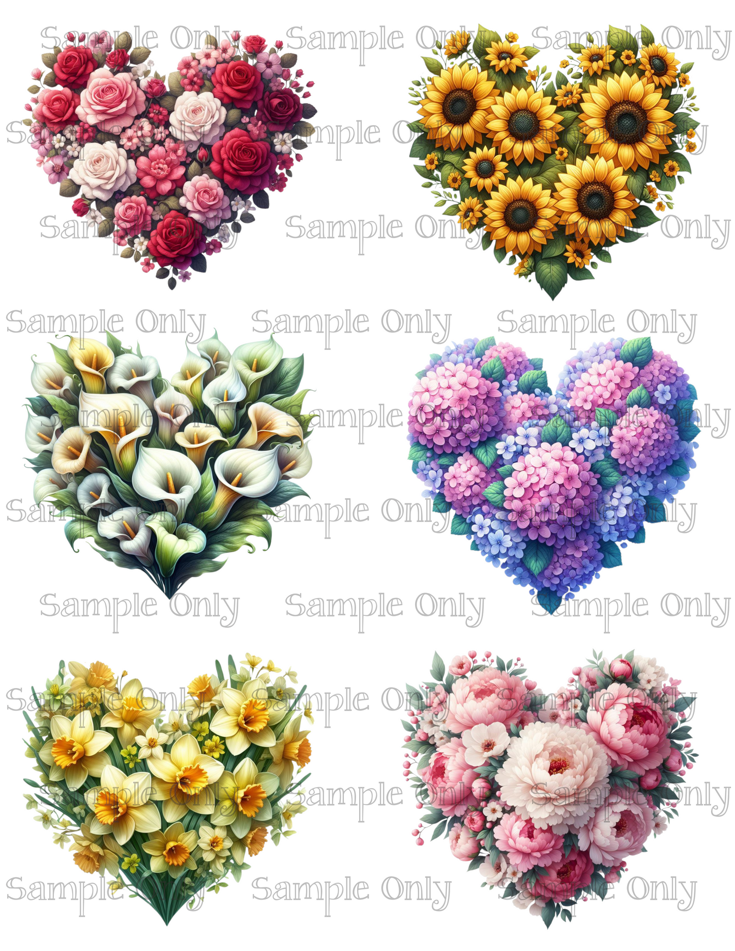 3.5 Inch Heart Shaped Flowers Image Sheet For Polymer Clay Transfer Decal DIGITAL FILE OR PRINTED