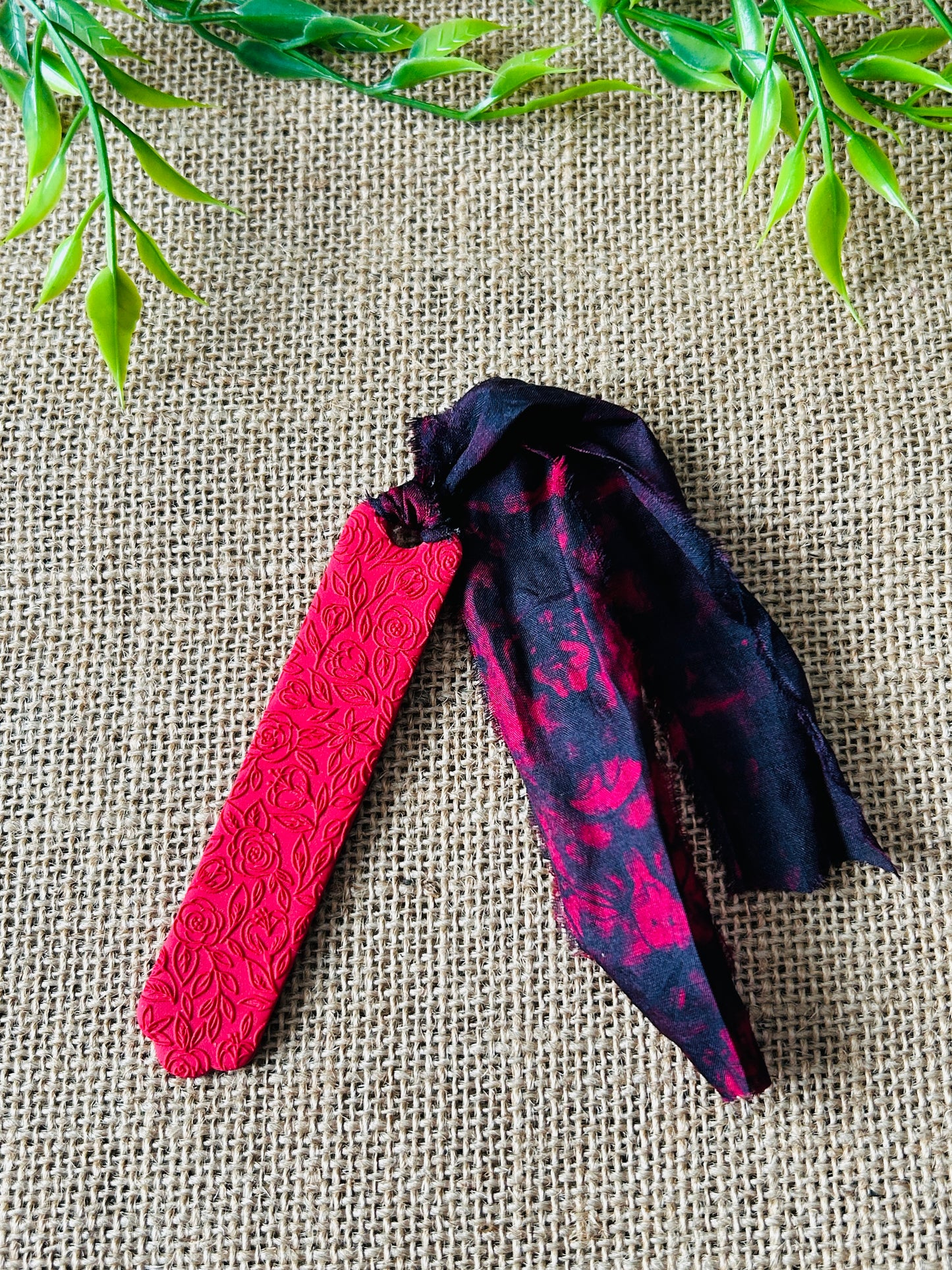 Romantic Red Rose Polymer Clay Bookmark With Sari Silk Ribbon Tassel