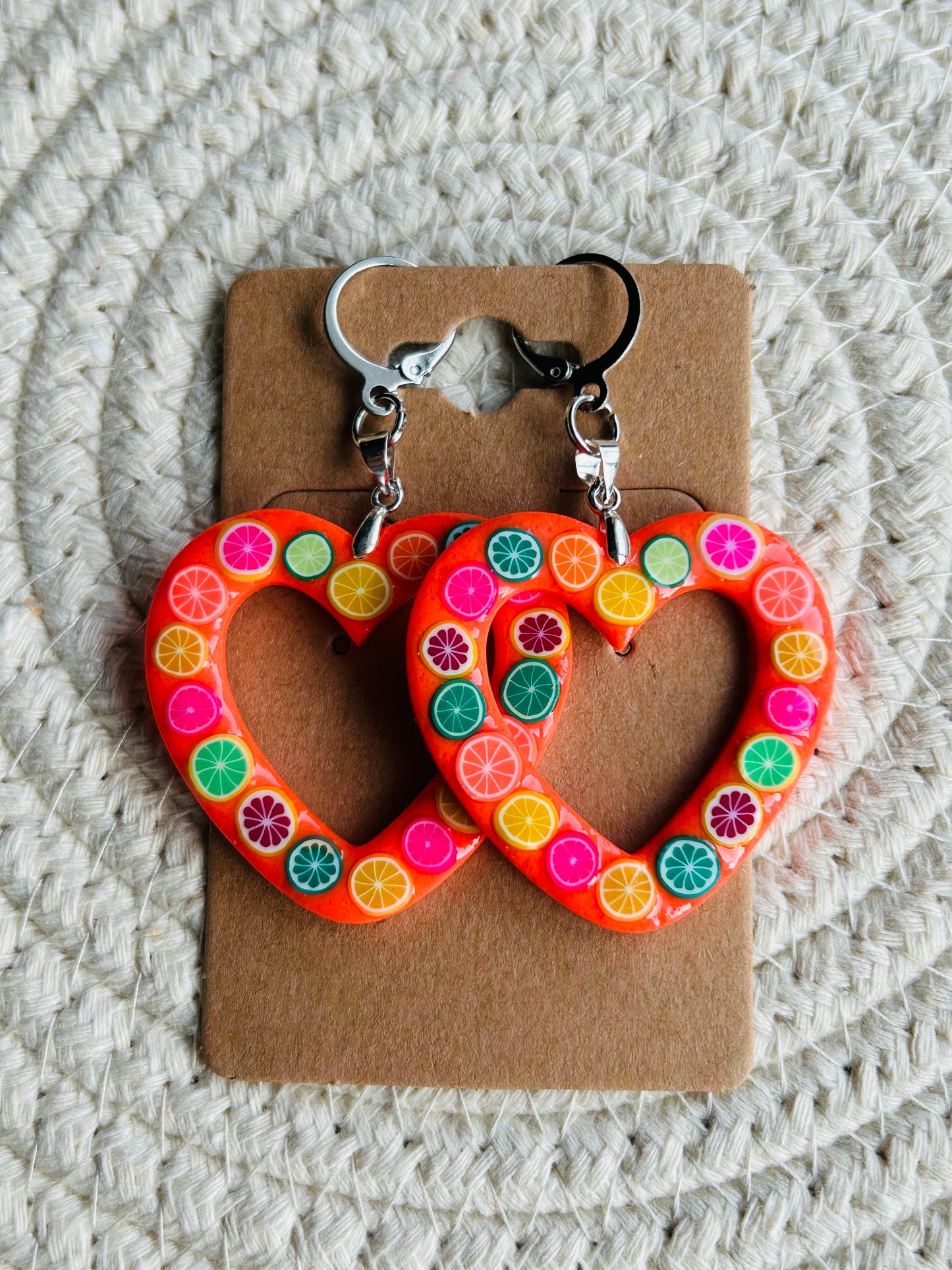 Fancy Fruit Statement Heart Dangle Earrings YOU CHOOSE FROM 6 COLORS