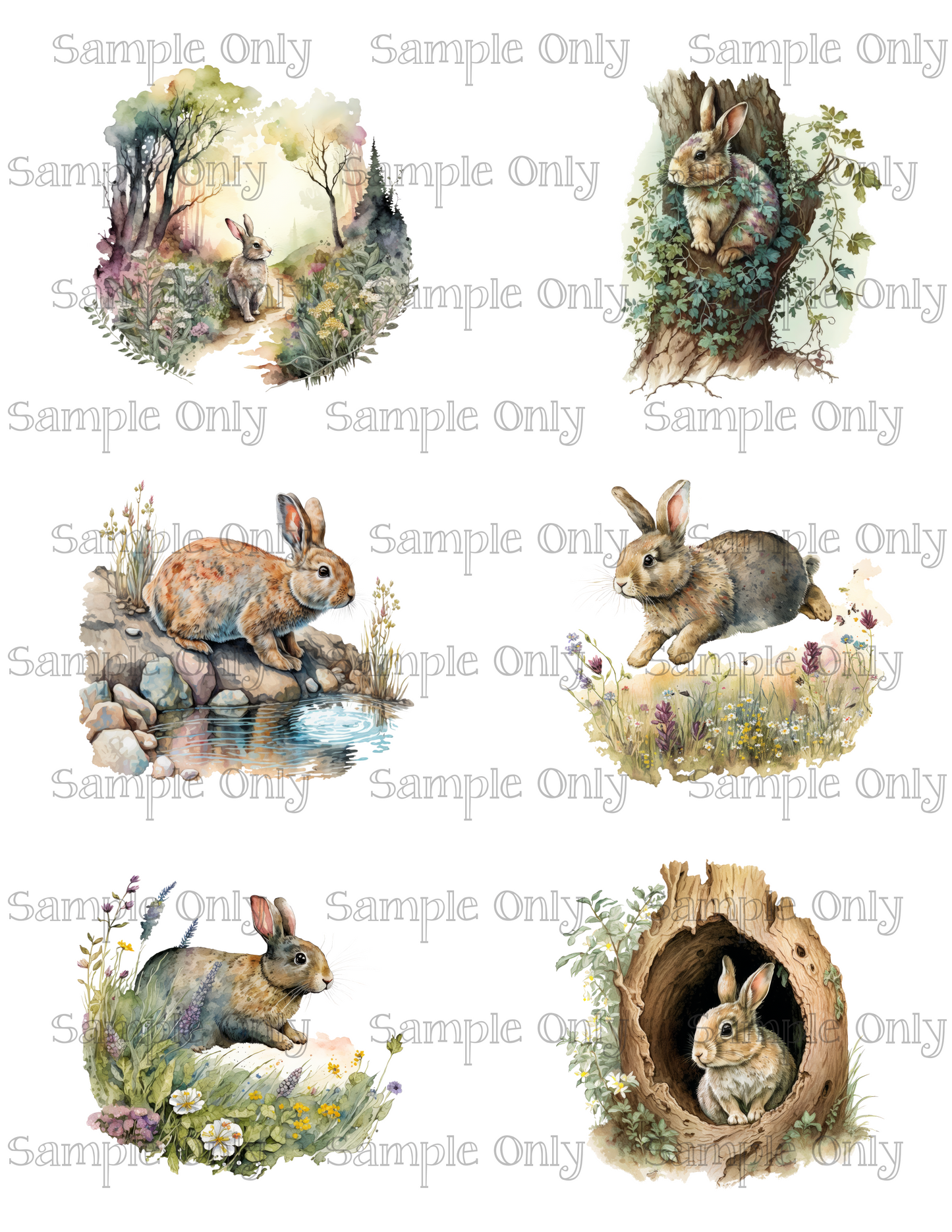 3 Inch Bunny Rabbit Set-02 Image Sheet For Polymer Clay Transfer Decal DIGITAL FILE OR PRINTED
