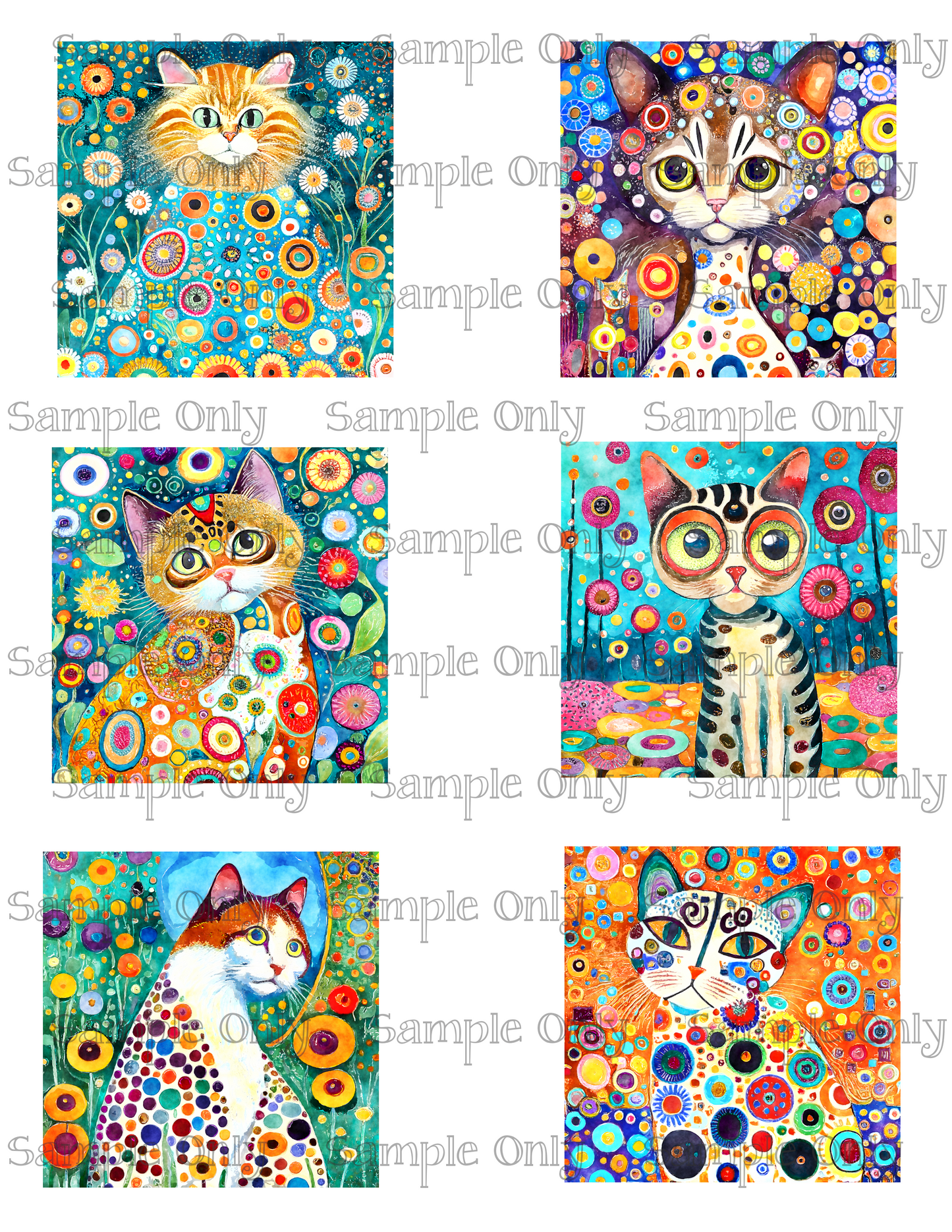 3 Inch Klimt Style Painted Cats Set 2 Image Sheet For Polymer Clay Transfer Decal DIGITAL FILE OR PRINTED