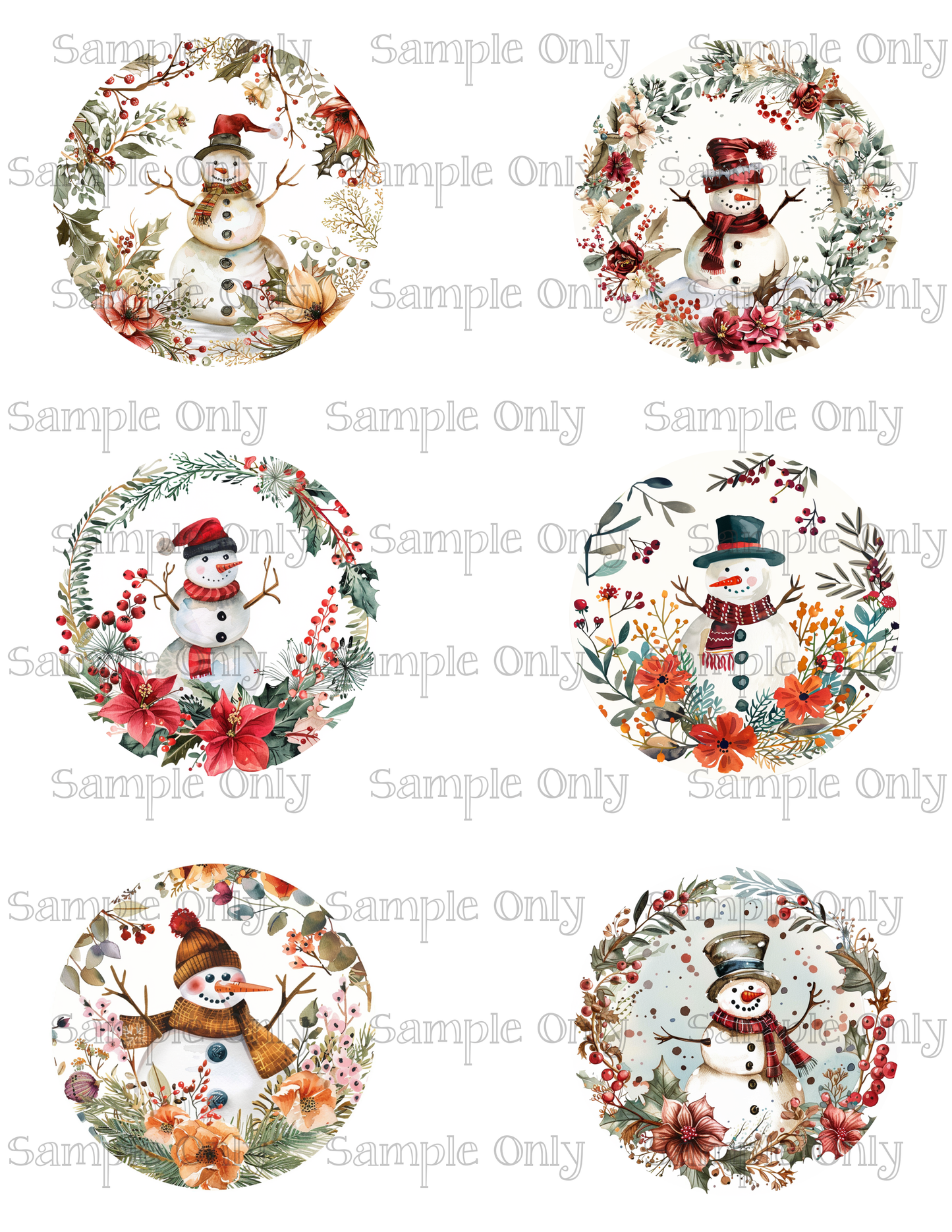 3 Inch Round Floral Snowman Image Sheet For Polymer Clay Transfer Decal DIGITAL FILE OR PRINTED