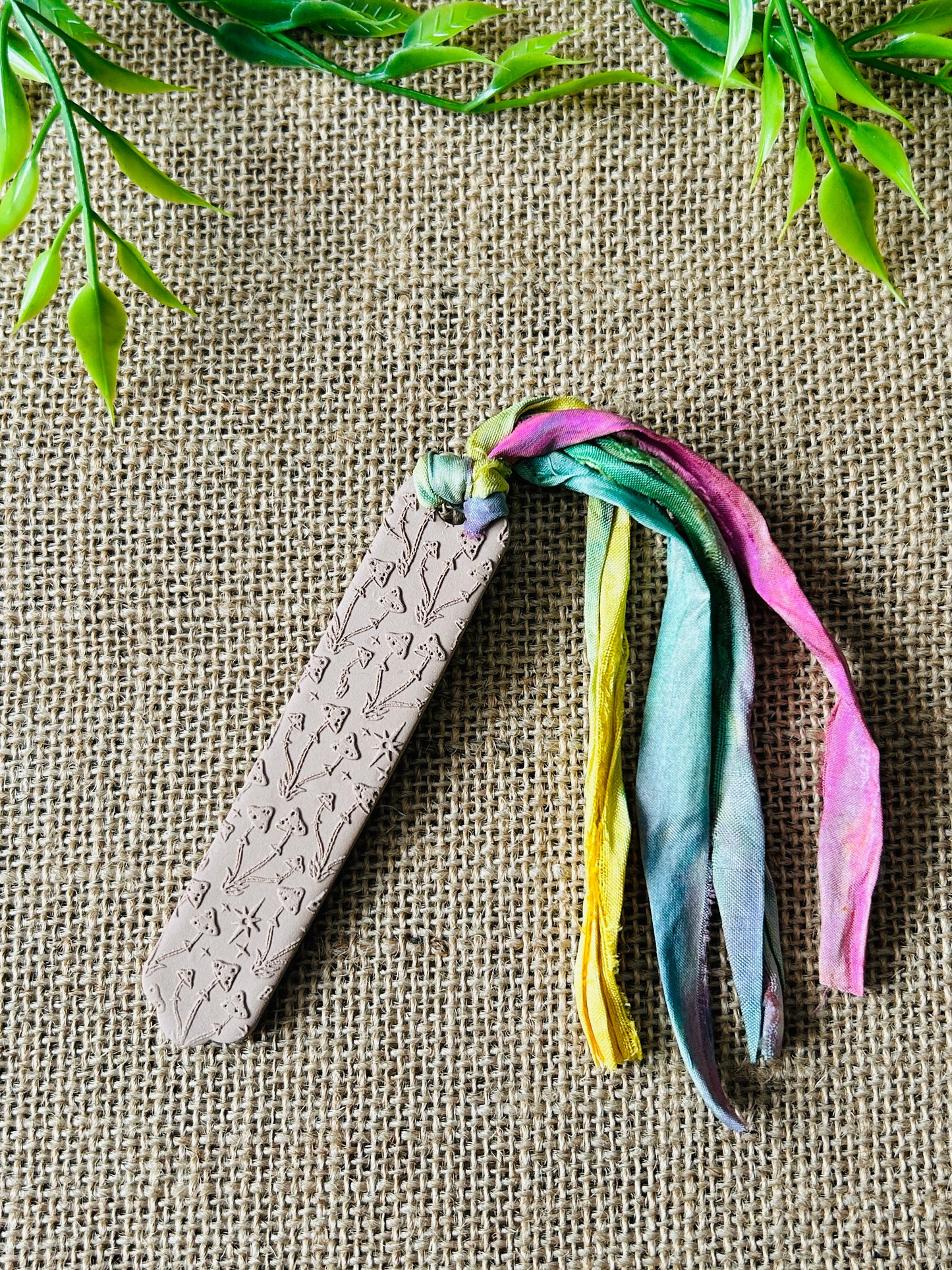 Mystical Wild Mushroom Polymer Clay Bookmark With Sari Silk Ribbon Tassel