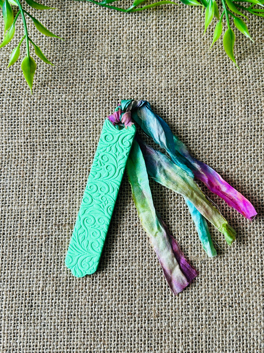 Spring Green Curling Foliage Polymer Clay Bookmark With Sari Silk Ribbon Tassel