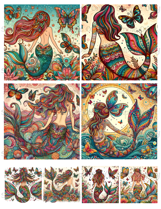 4 Inch Boho Mermaid Set 02 Image Sheet For Polymer Clay Transfer Decal DIGITAL FILE OR PRINTED