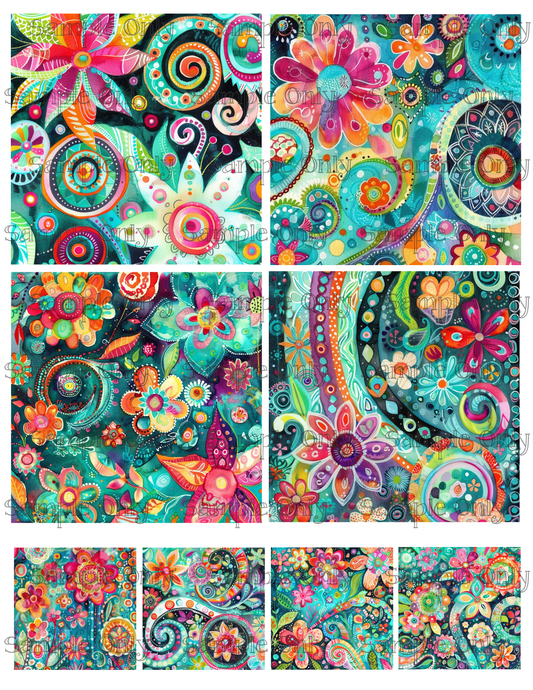 4 Inch Colorful Folksy Flowers Image Sheet For Polymer Clay Transfer Decal DIGITAL FILE OR PRINTED