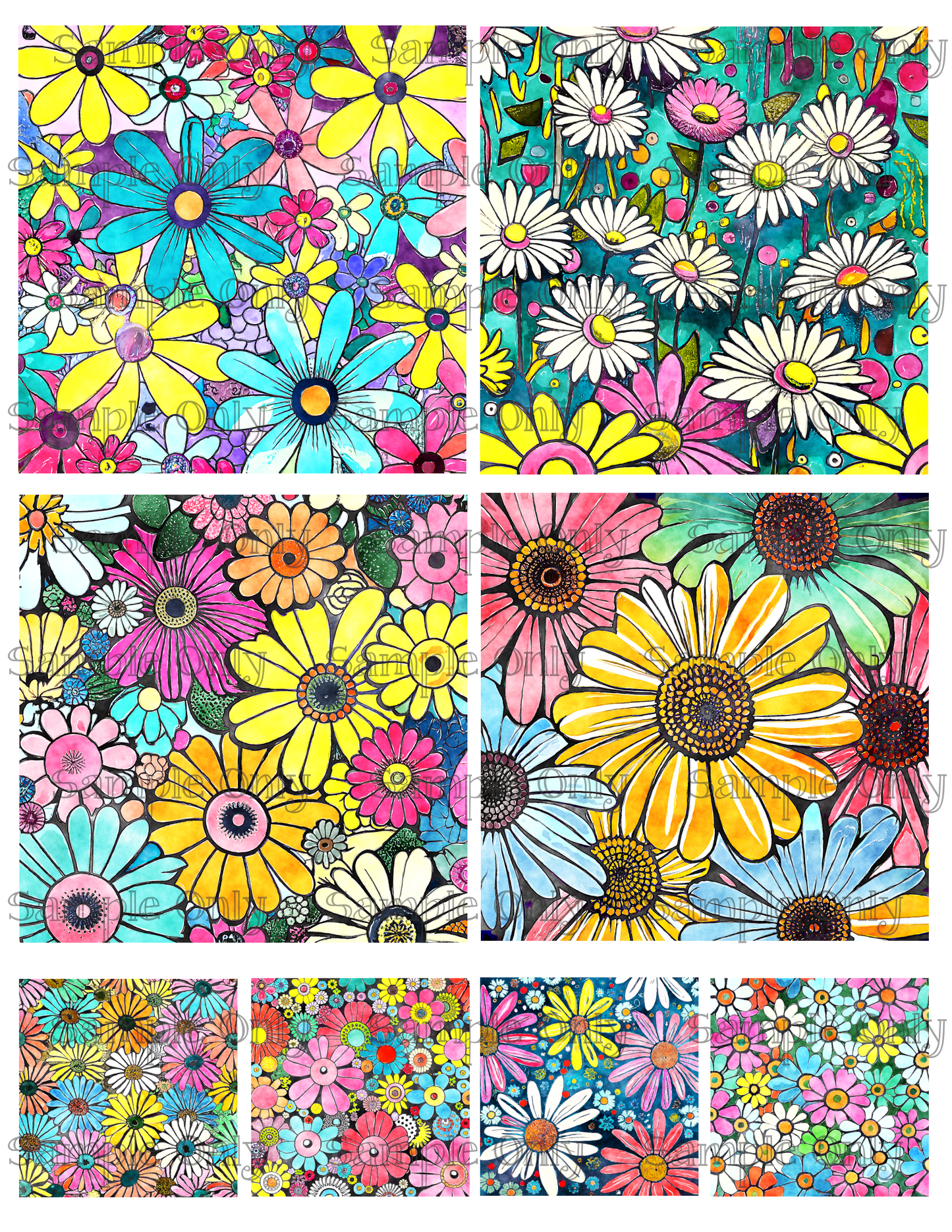 4 Inch Funky Retro Daisy Meadow Set-01 Image Sheet For Polymer Clay Transfer Decal DIGITAL FILE OR PRINTED