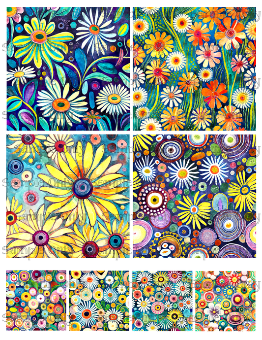 4 Inch Funky Retro Daisy Meadow Set-03 Image Sheet For Polymer Clay Transfer Decal DIGITAL FILE OR PRINTED