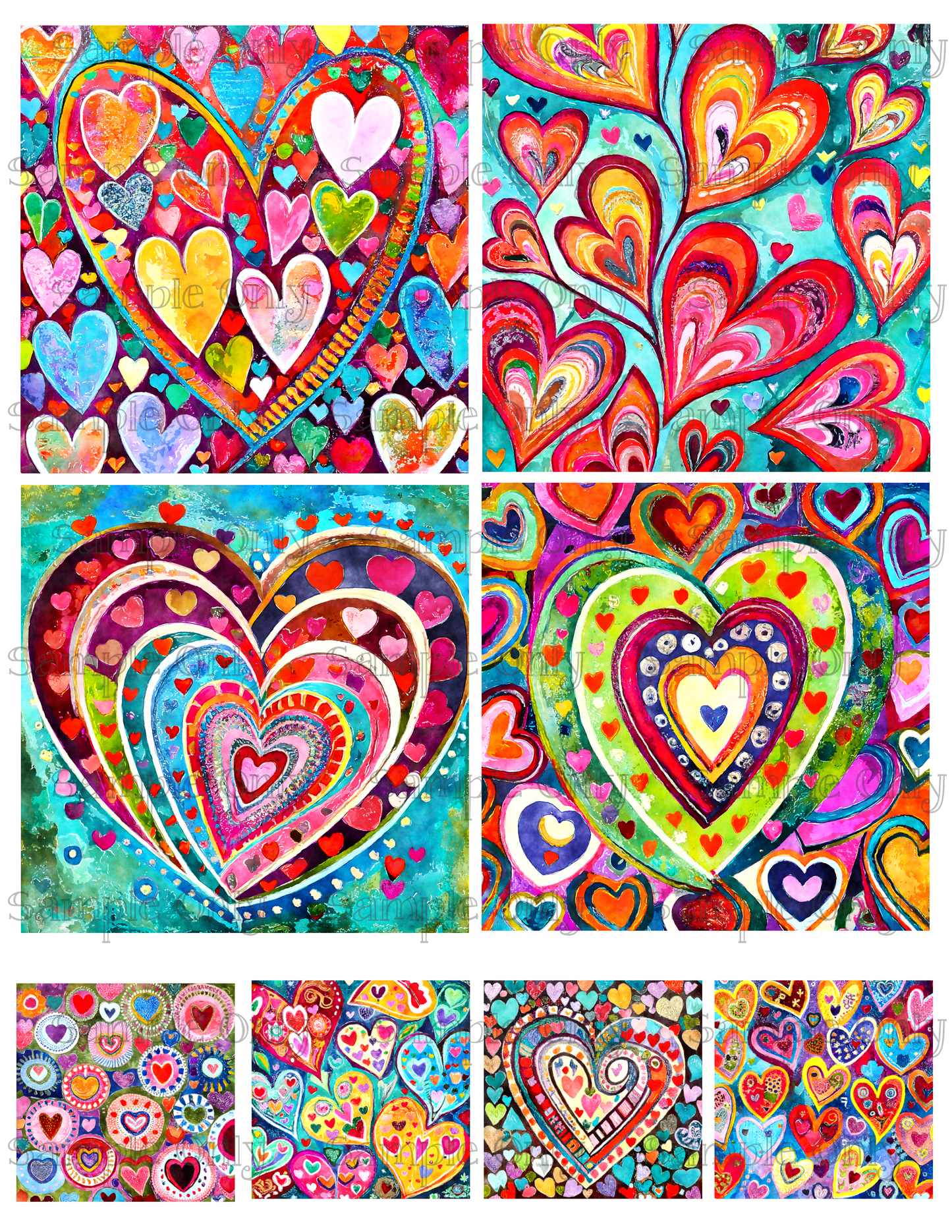 4 Inch Colorful Heart Set 03 Image Sheet For Polymer Clay Transfer Decal DIGITAL FILE OR PRINTED