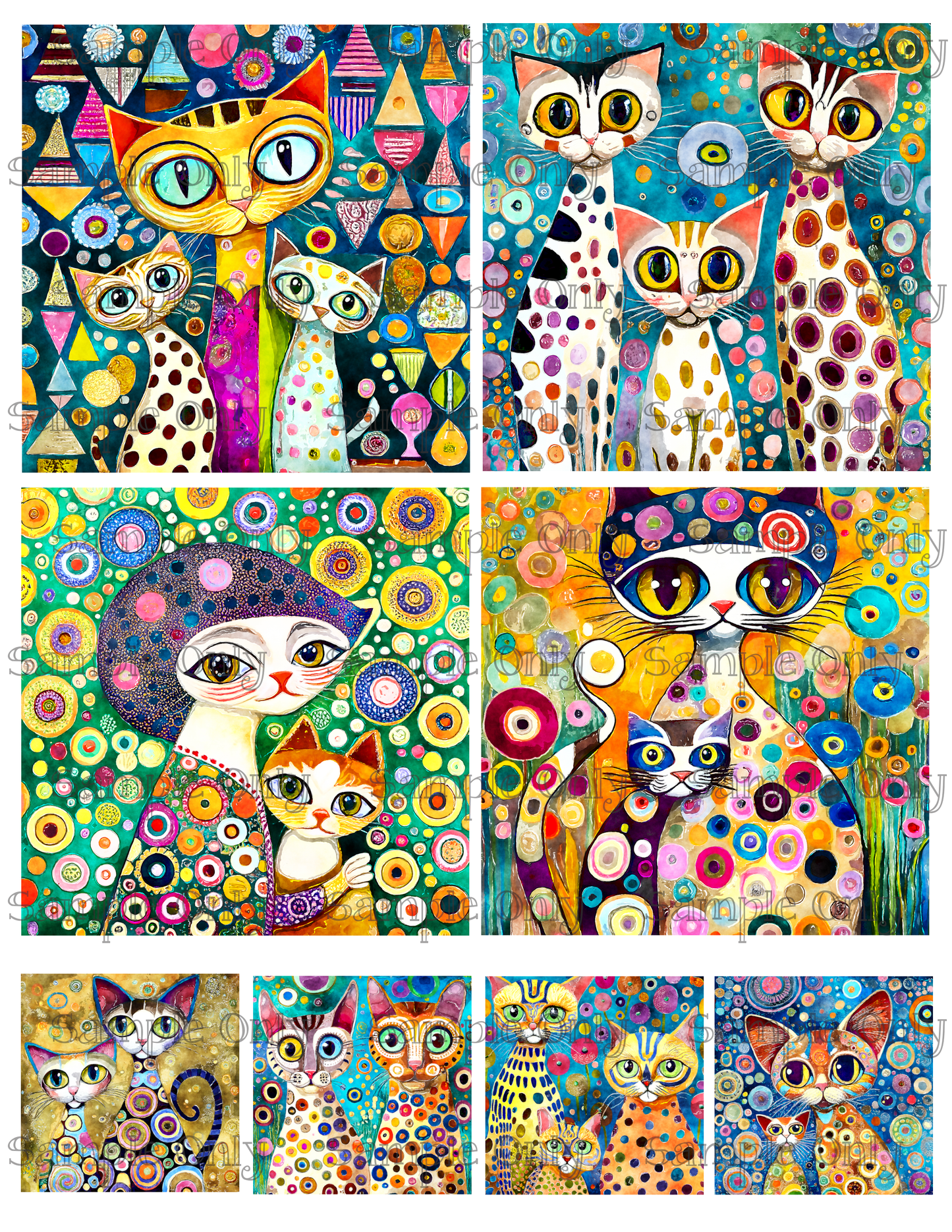 4 Inch Klimt Style Painted Cat Buddies Image Sheet For Polymer Clay Transfer Decal DIGITAL FILE OR PRINTED